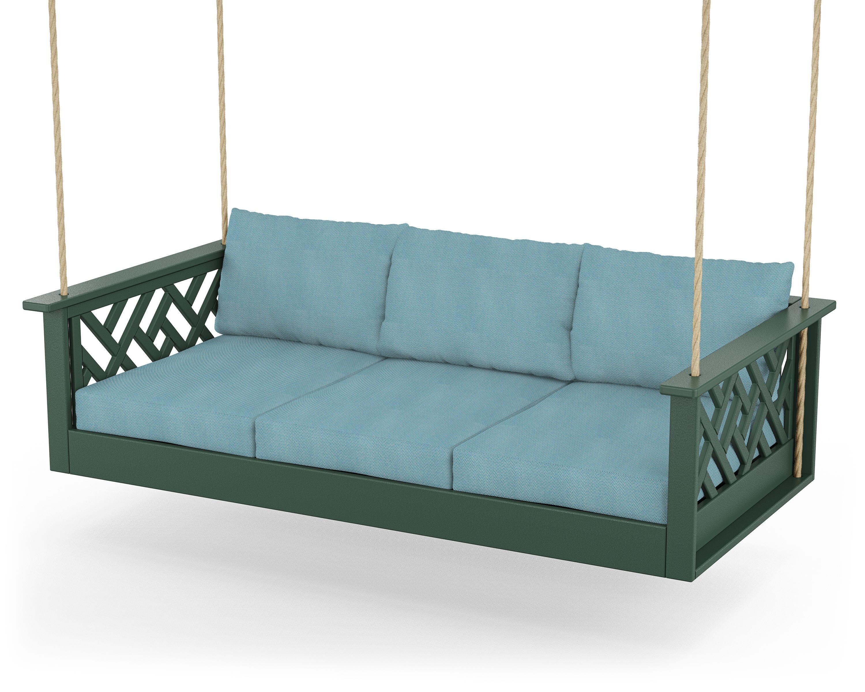 POLYWOOD® Chippendale Daybed Swing in Green / Lattice Sky Blue