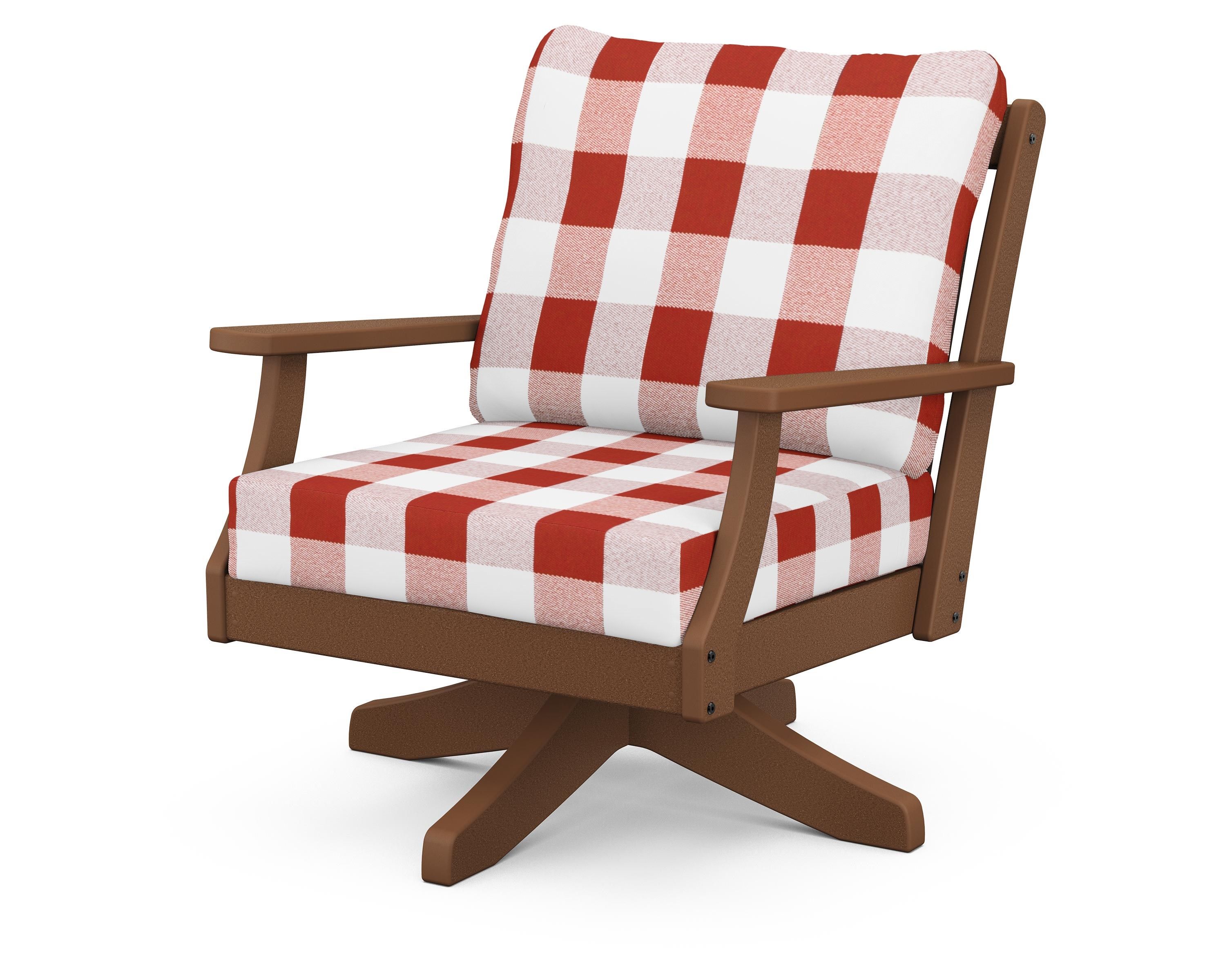 POLYWOOD® Braxton Deep Seating Swivel Chair in Teak / Buffalo Plaid Crimson