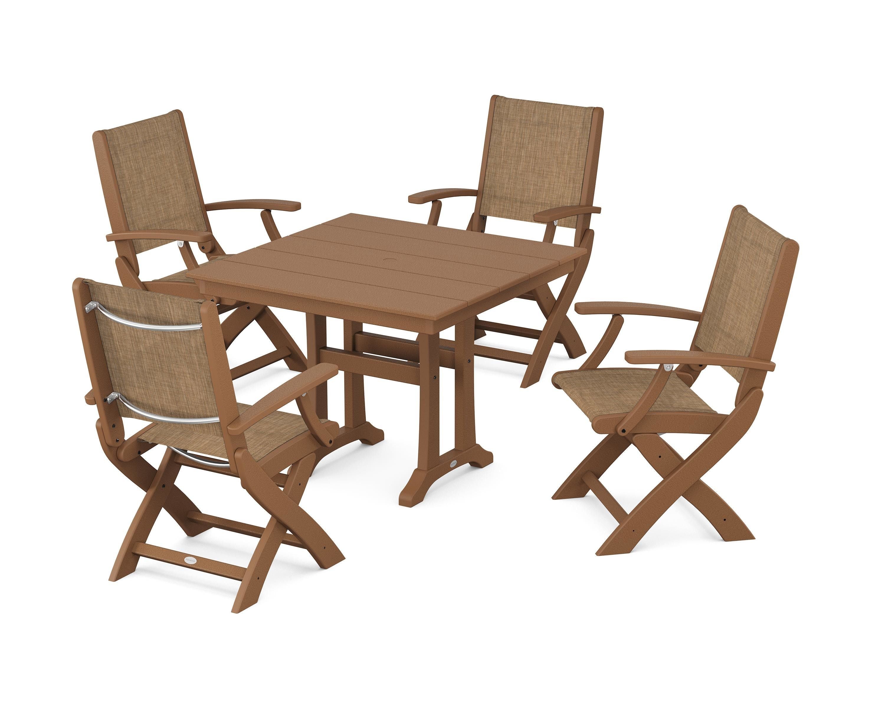 POLYWOOD® Coastal Folding Chair 5-Piece Farmhouse Dining Set With Trestle Legs in Teak / Burlap Sling