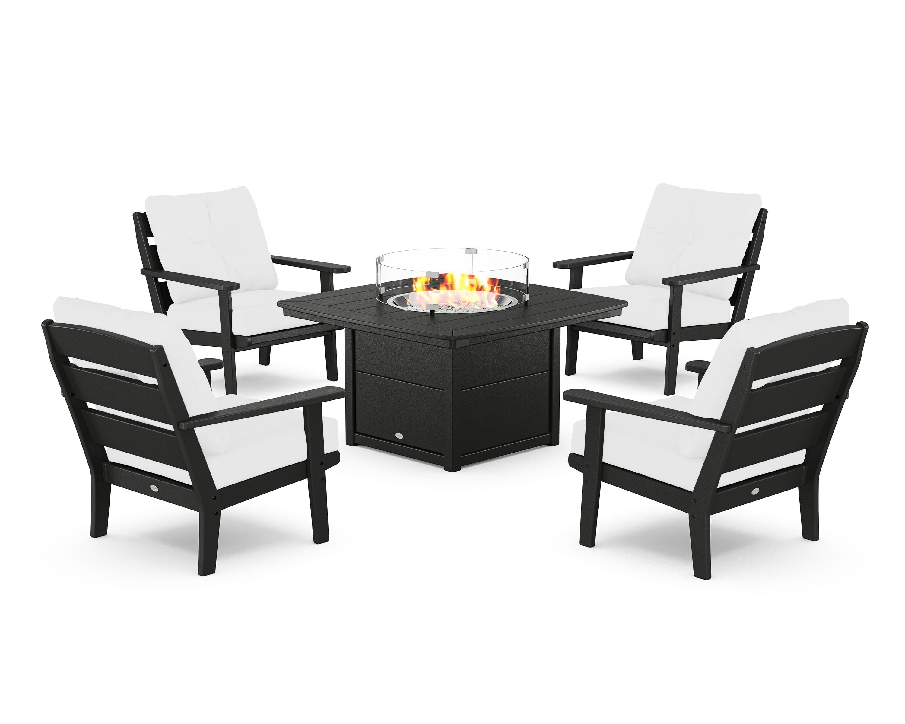 POLYWOOD® Lakeside 5-Piece Deep Seating Set with Nautical Fire Pit Table in Black / Natural