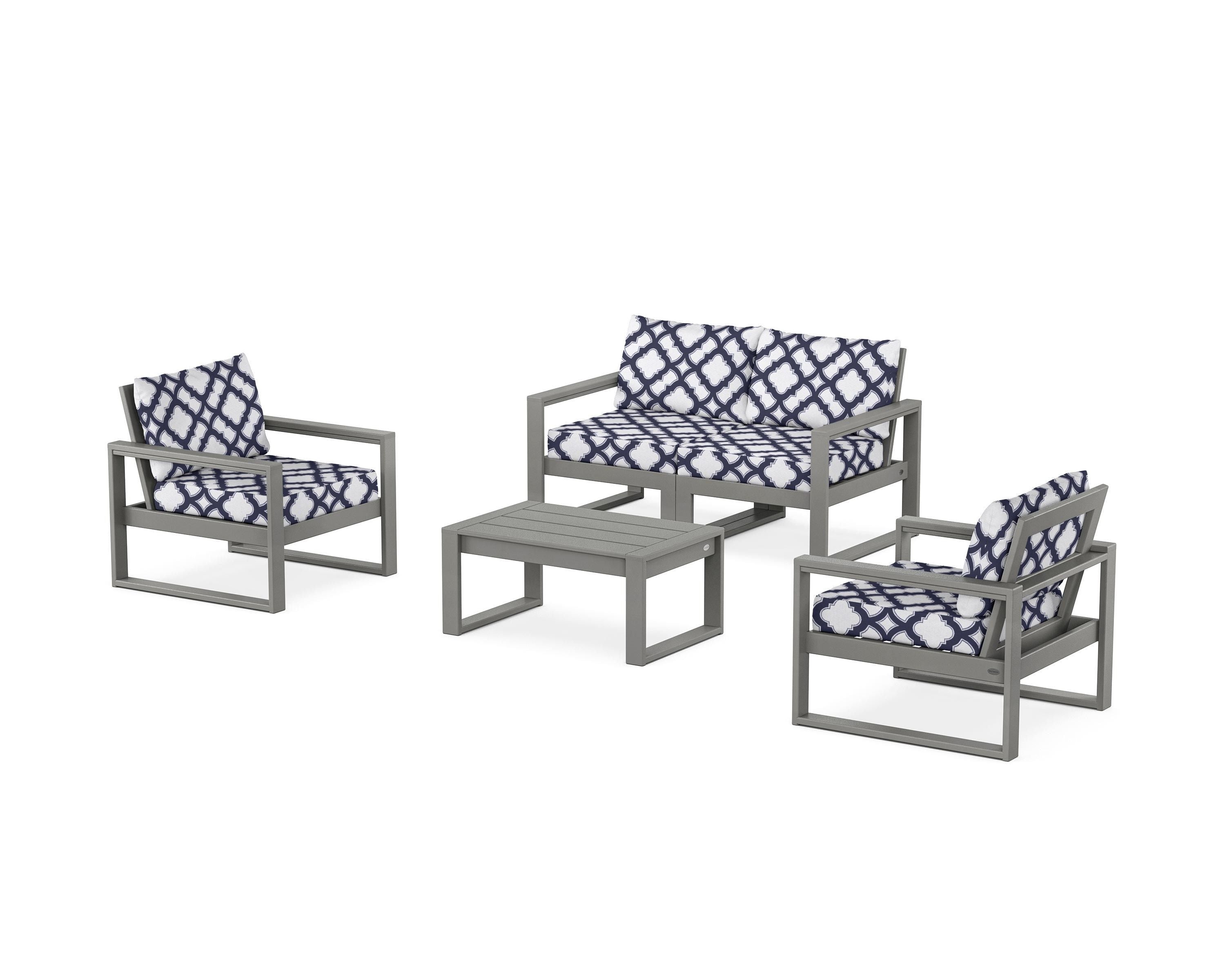 POLYWOOD® EDGE Sectional 4-Piece Deep Seating Set with Loveseat in Slate Grey / Trellis Navy