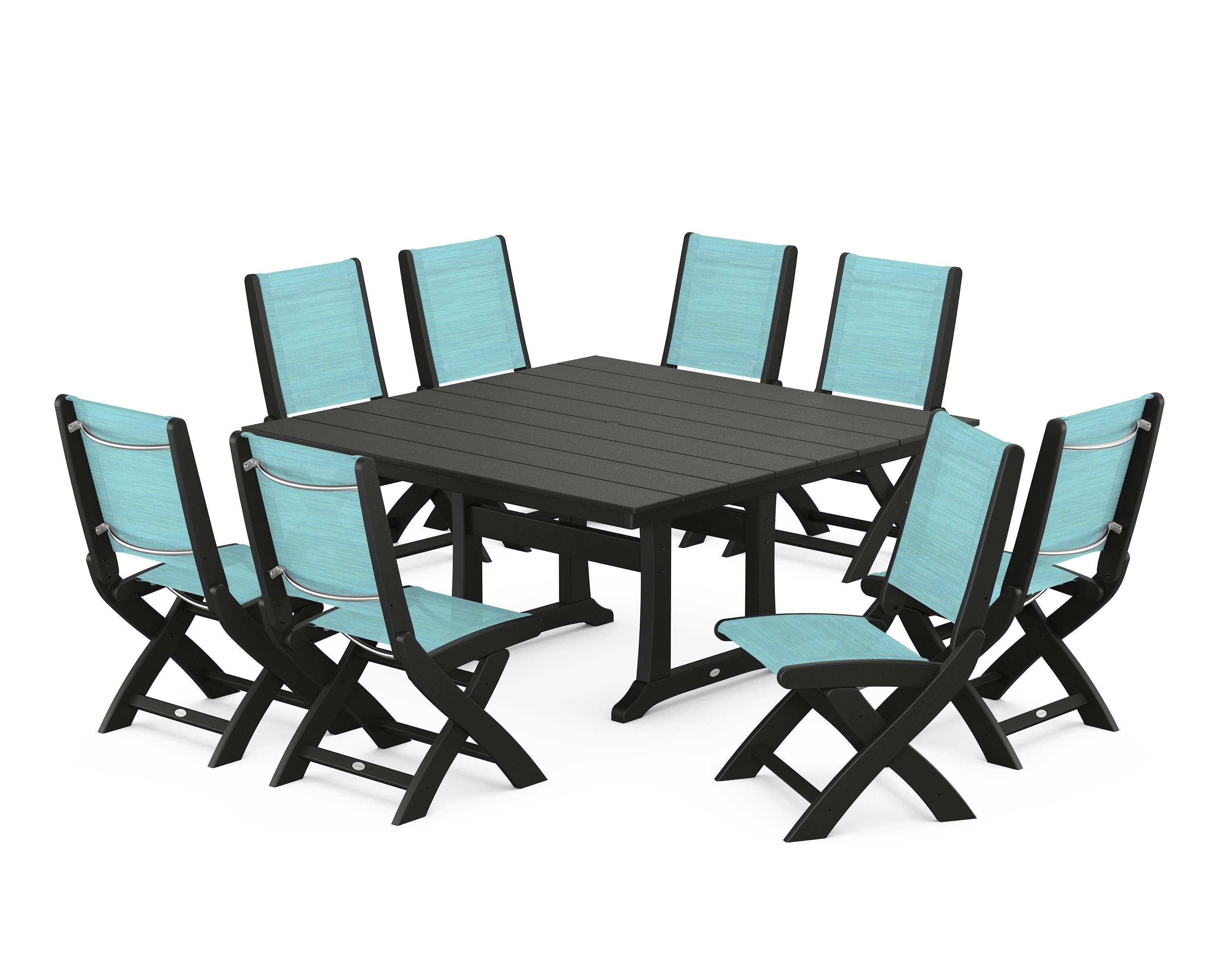 POLYWOOD® Coastal Folding Side Chair 9-Piece Farmhouse Dining Set in Black / Dupioni Aquamarine Sling
