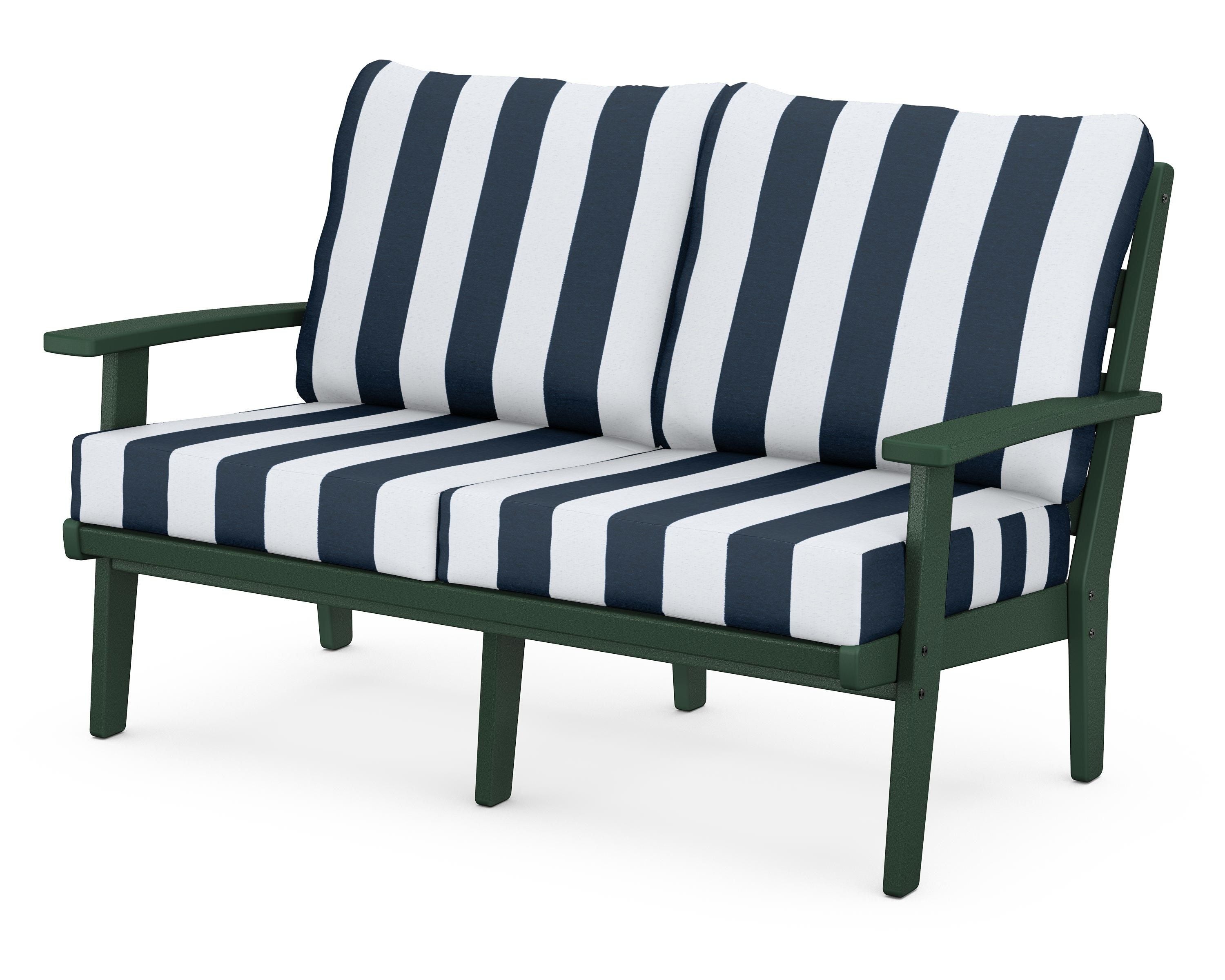POLYWOOD® Grant Park Deep Seating Loveseat in Green / Cabana Stripe Marine Indigo