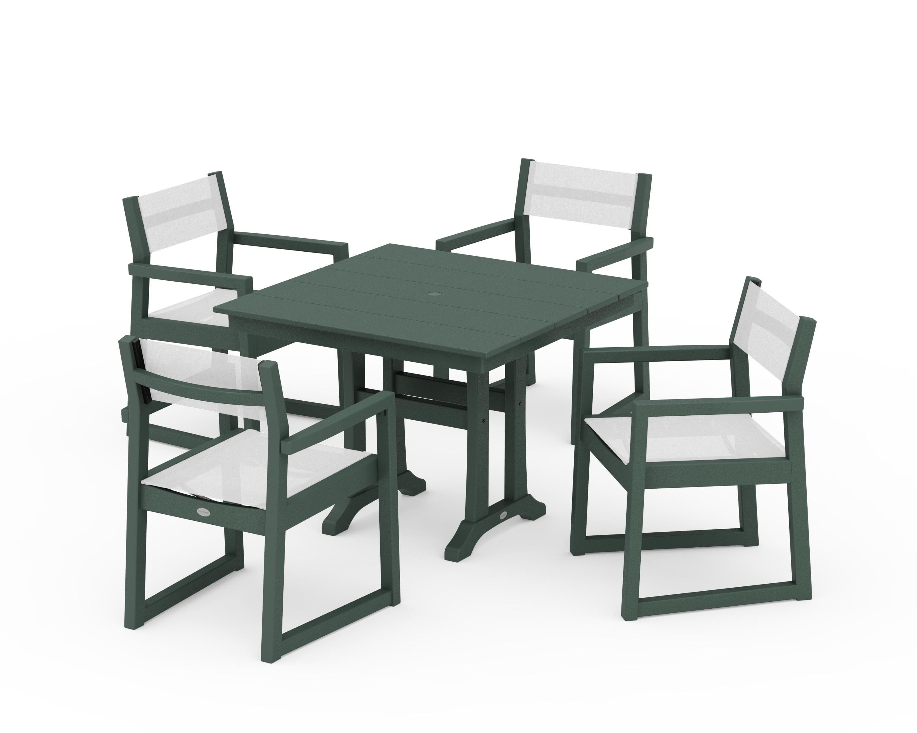 POLYWOOD® EDGE Sling 5-Piece Farmhouse Dining Set with Trestle Legs in Green / White Sling