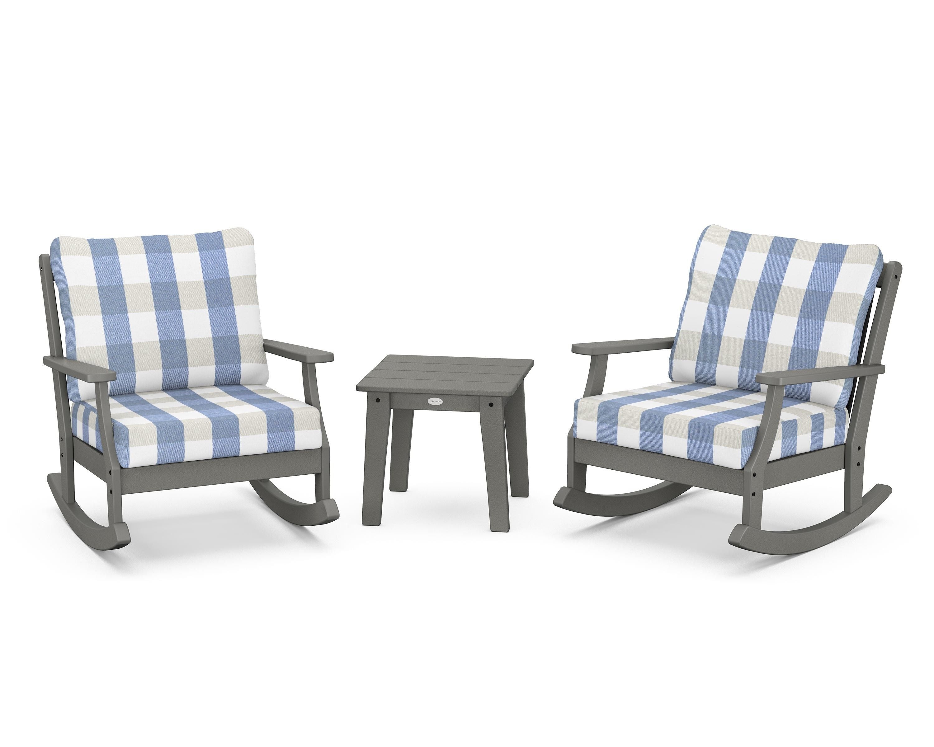 POLYWOOD® Braxton 3-Piece Deep Seating Rocker Set in Slate Grey / Buffalo Plaid Sky Blue