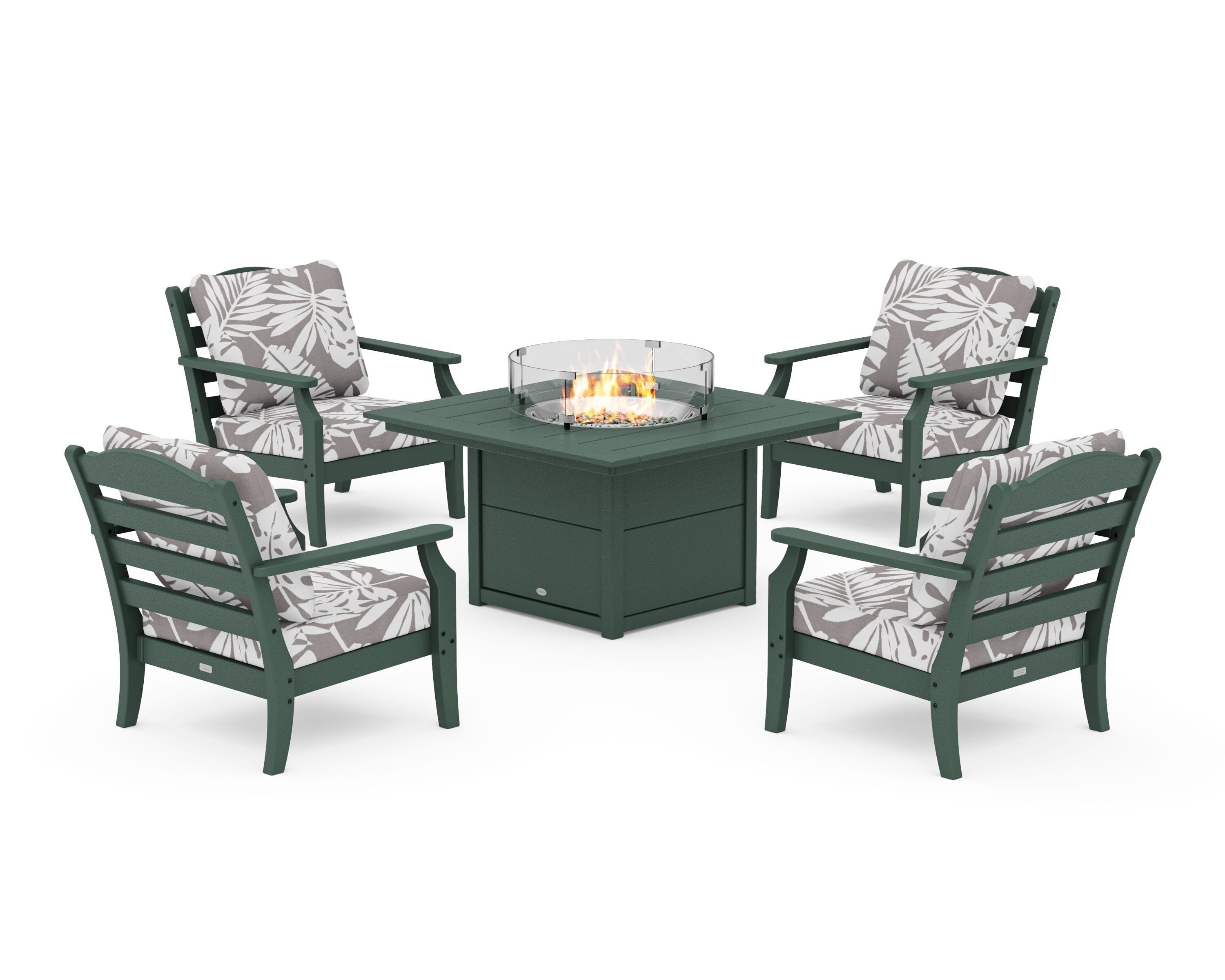 Draper James™ by POLYWOOD® Savannah 5-Piece Deep Seating Set with Fire Pit Table in Green / Leaf Grey Mist