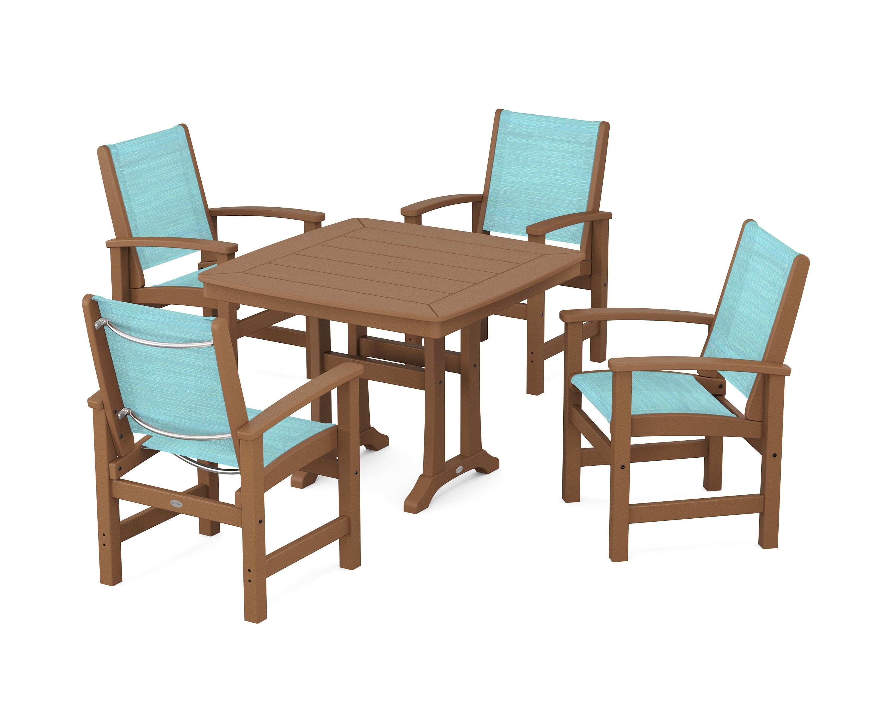 POLYWOOD® Coastal 5-Piece Dining Set with Trestle Legs in Teak / Dupioni Aquamarine Sling