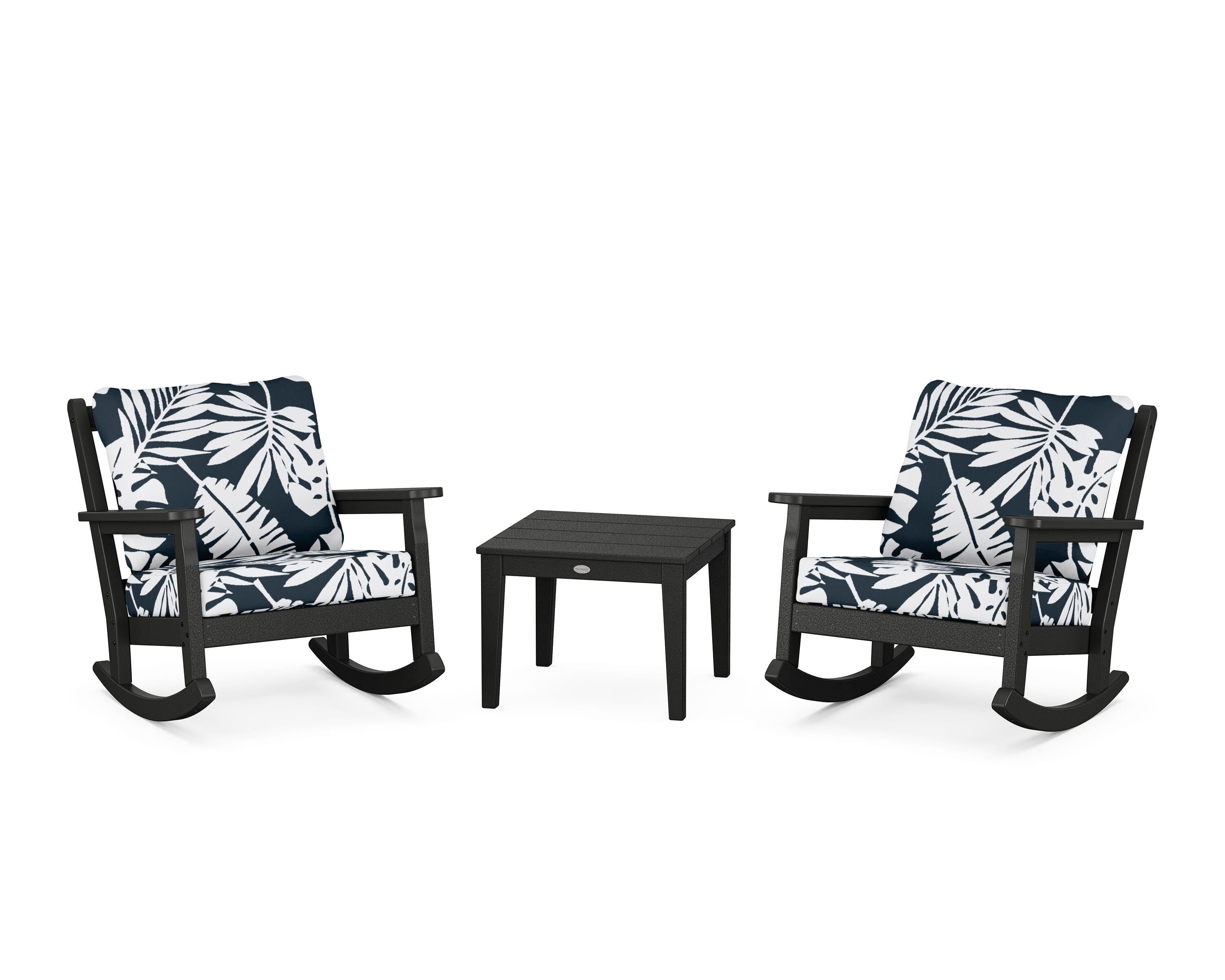 POLYWOOD® Chippendale 3-Piece Deep Seating Rocker Set in Black / Leaf Marine Indigo
