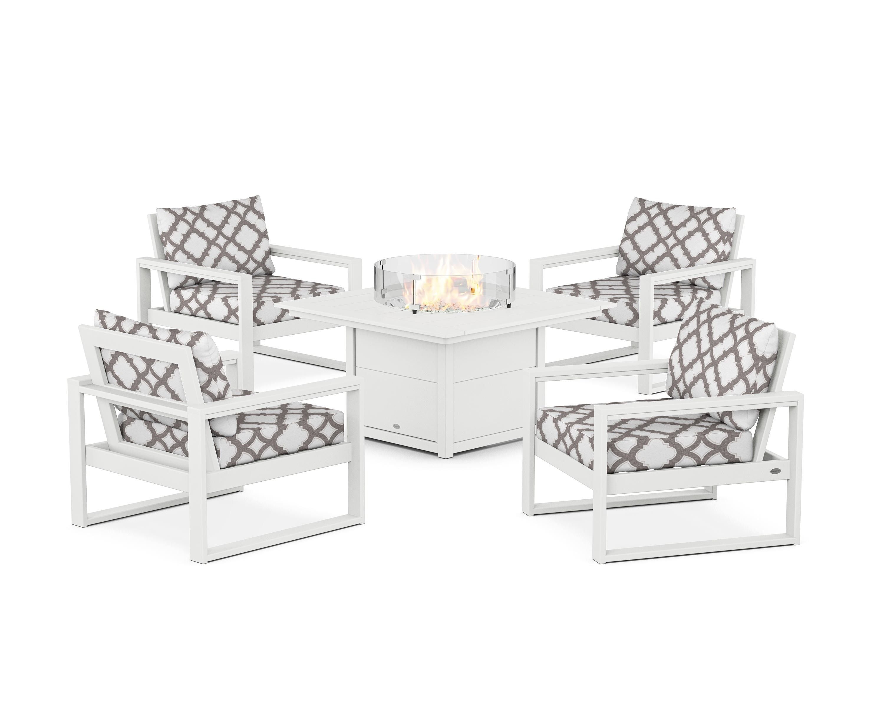 POLYWOOD® EDGE Sectional 5-Piece Deep Seating Set with Fire Pit Table in White / Trellis Grey Mist