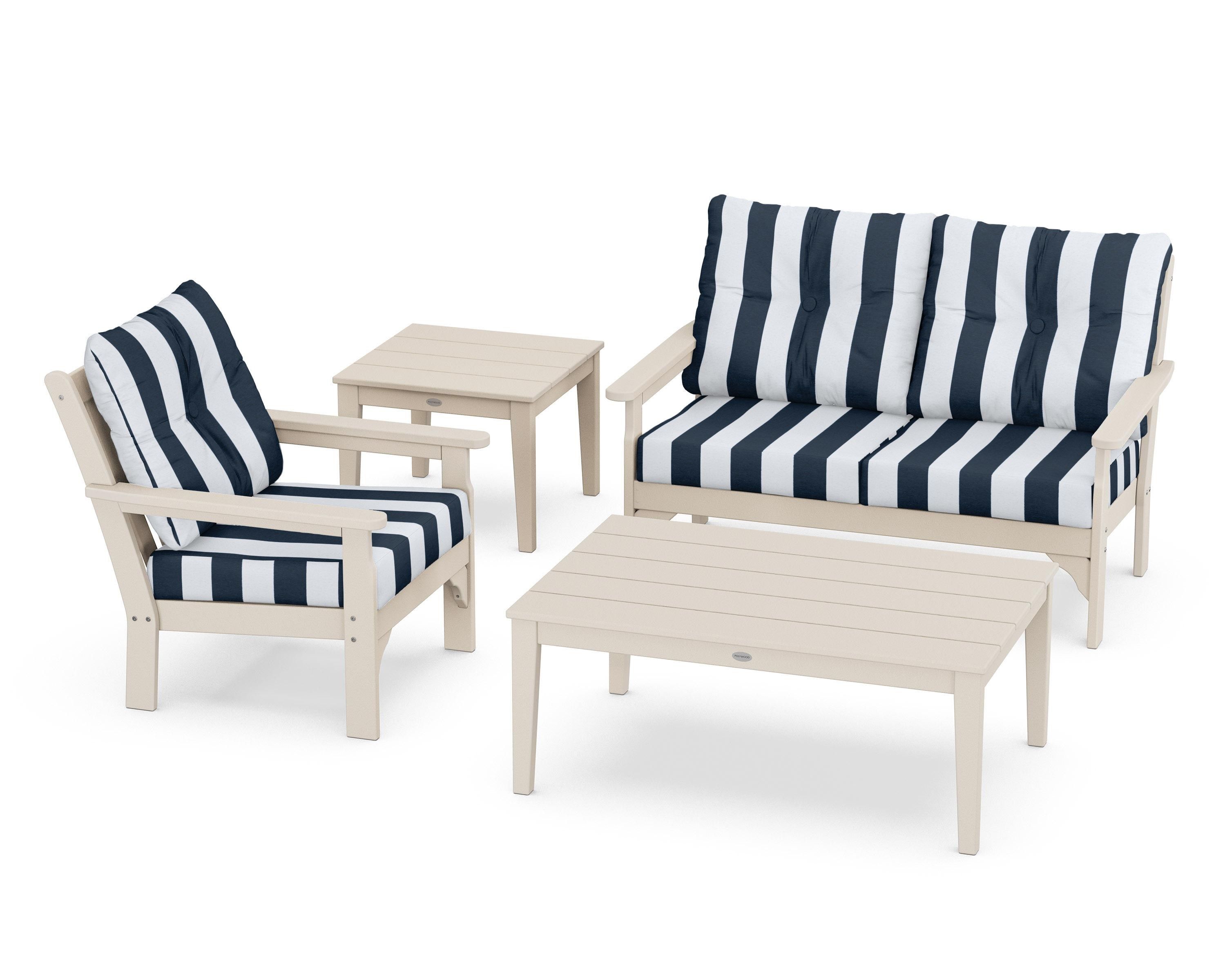 POLYWOOD® Vineyard 4-Piece Deep Seating Set in Sand / Cabana Stripe Marine Indigo