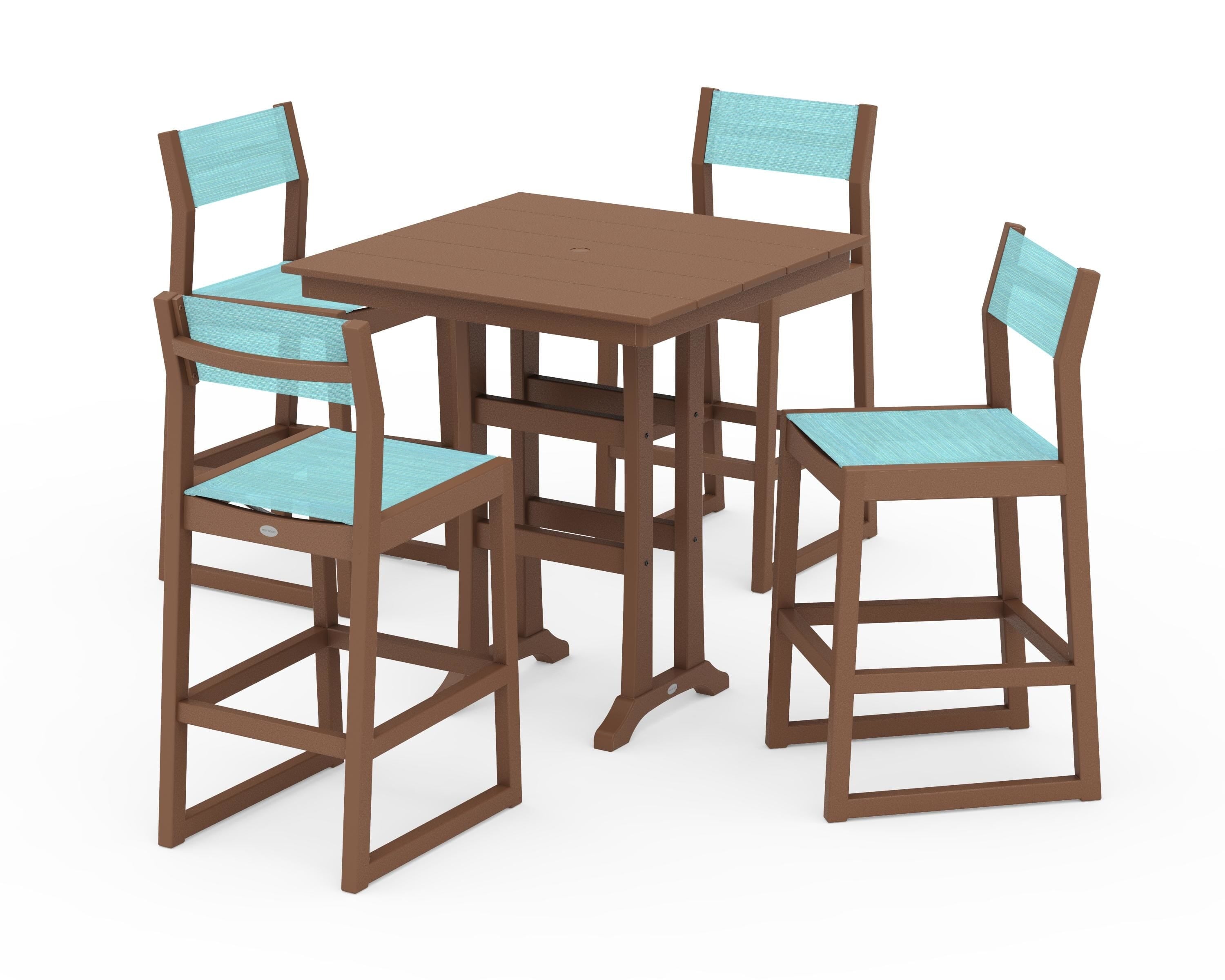 POLYWOOD® EDGE Sling Arm Chair 5-Piece Farmhouse Bar Set with Trestle Legs in Teak / Dupioni Aquamarine Sling