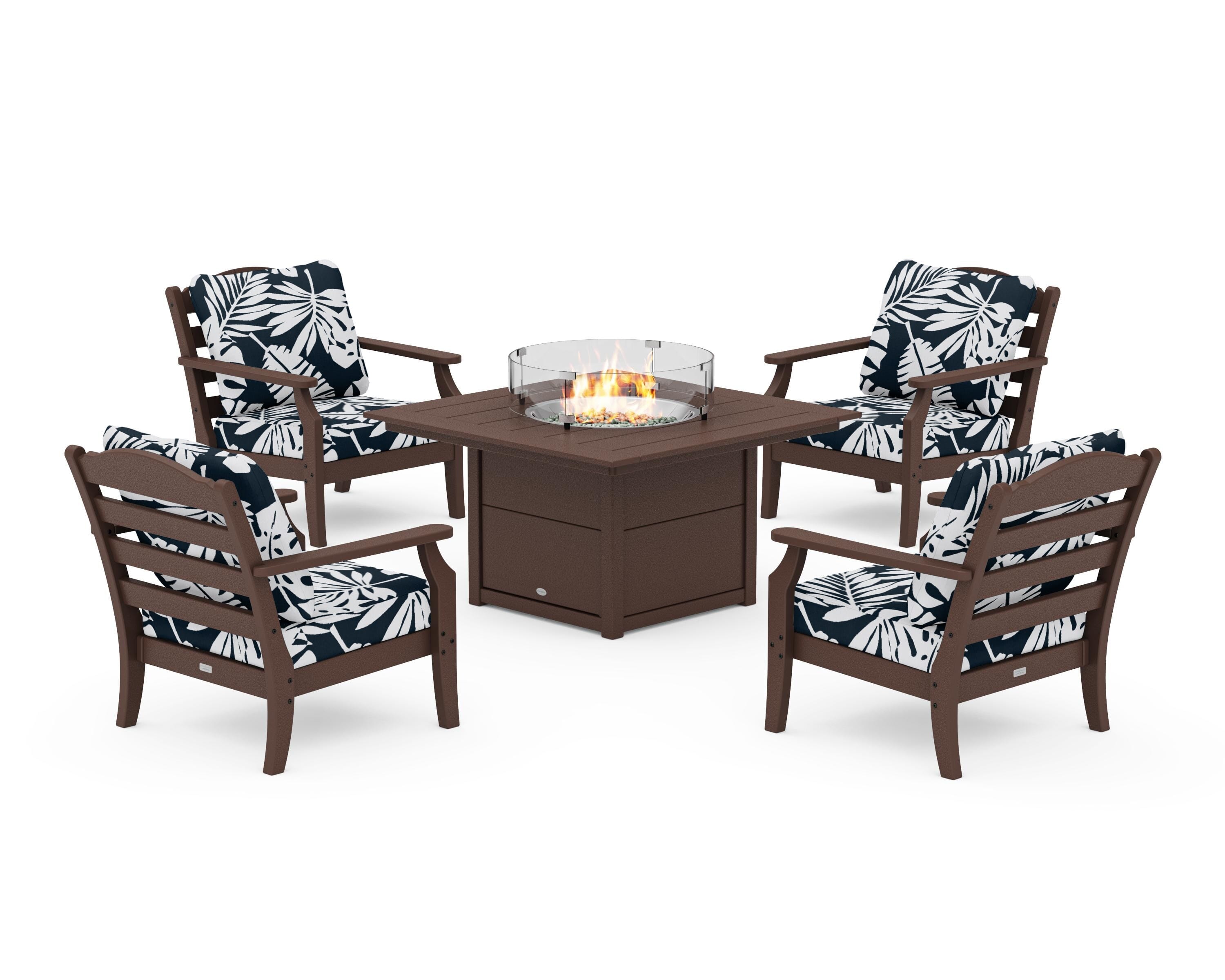 Draper James™ by POLYWOOD® Savannah 5-Piece Deep Seating Set with Fire Pit Table in Mahogany / Leaf Marine Indigo