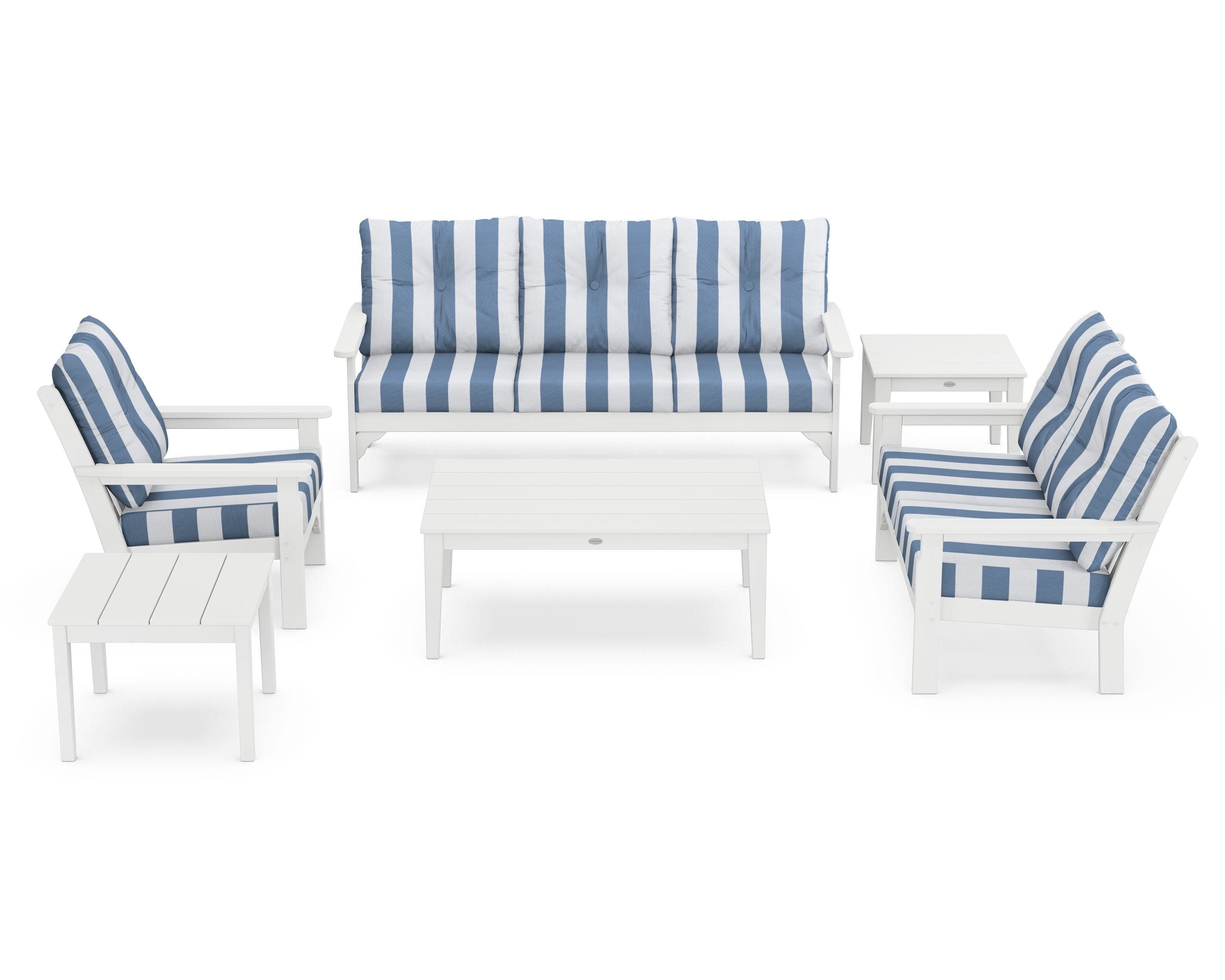 POLYWOOD® Vineyard 6-Piece Deep Seating Set in White / Cabana Stripe Sky Blue
