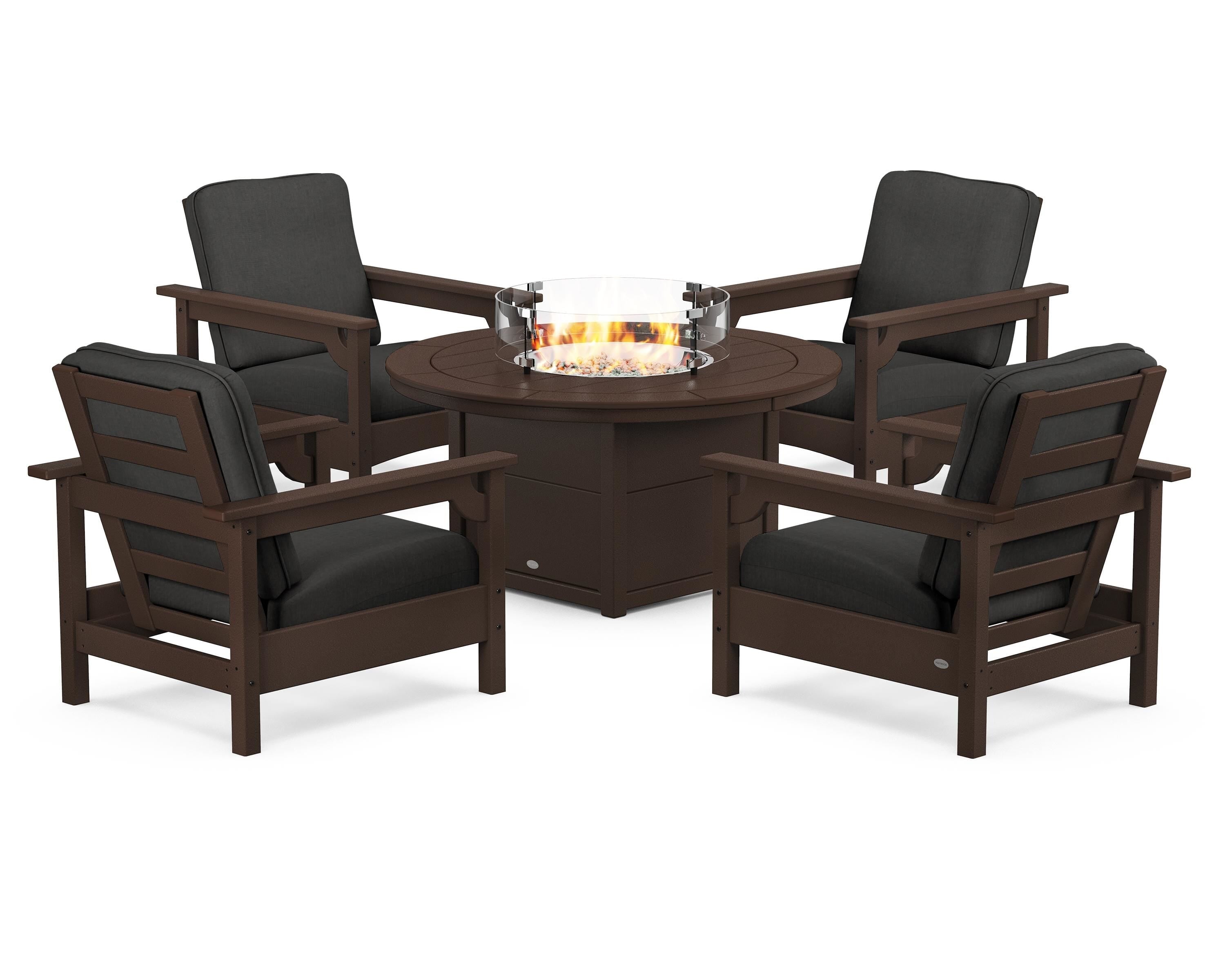 POLYWOOD® Club 5-Piece Conversation Set with Fire Pit Table in Mahogany / Spectrum Carbon