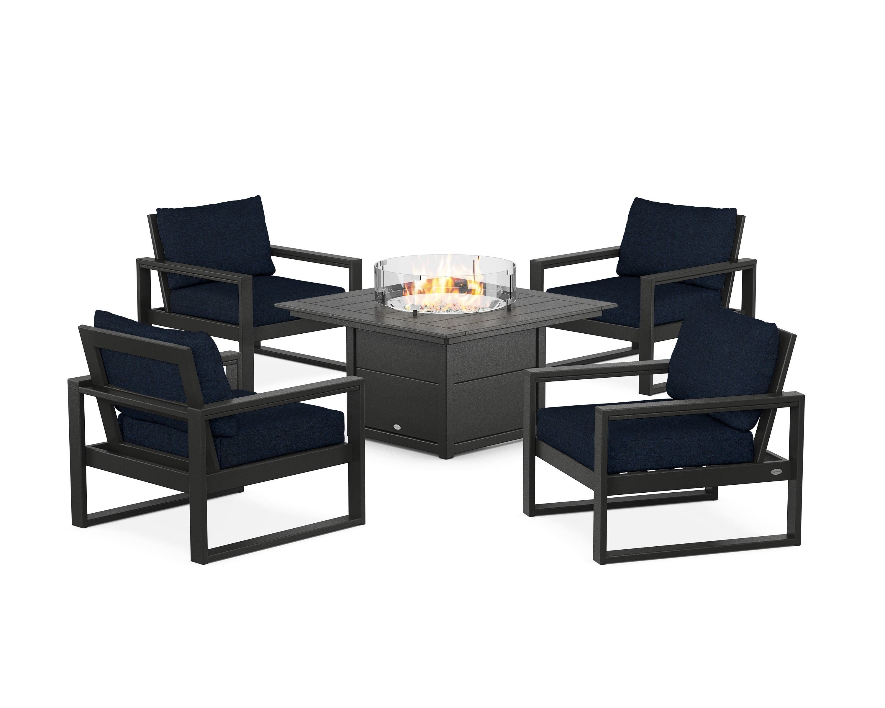 POLYWOOD® EDGE Sectional 5-Piece Deep Seating Set with Fire Pit Table in Black / Marine Indigo
