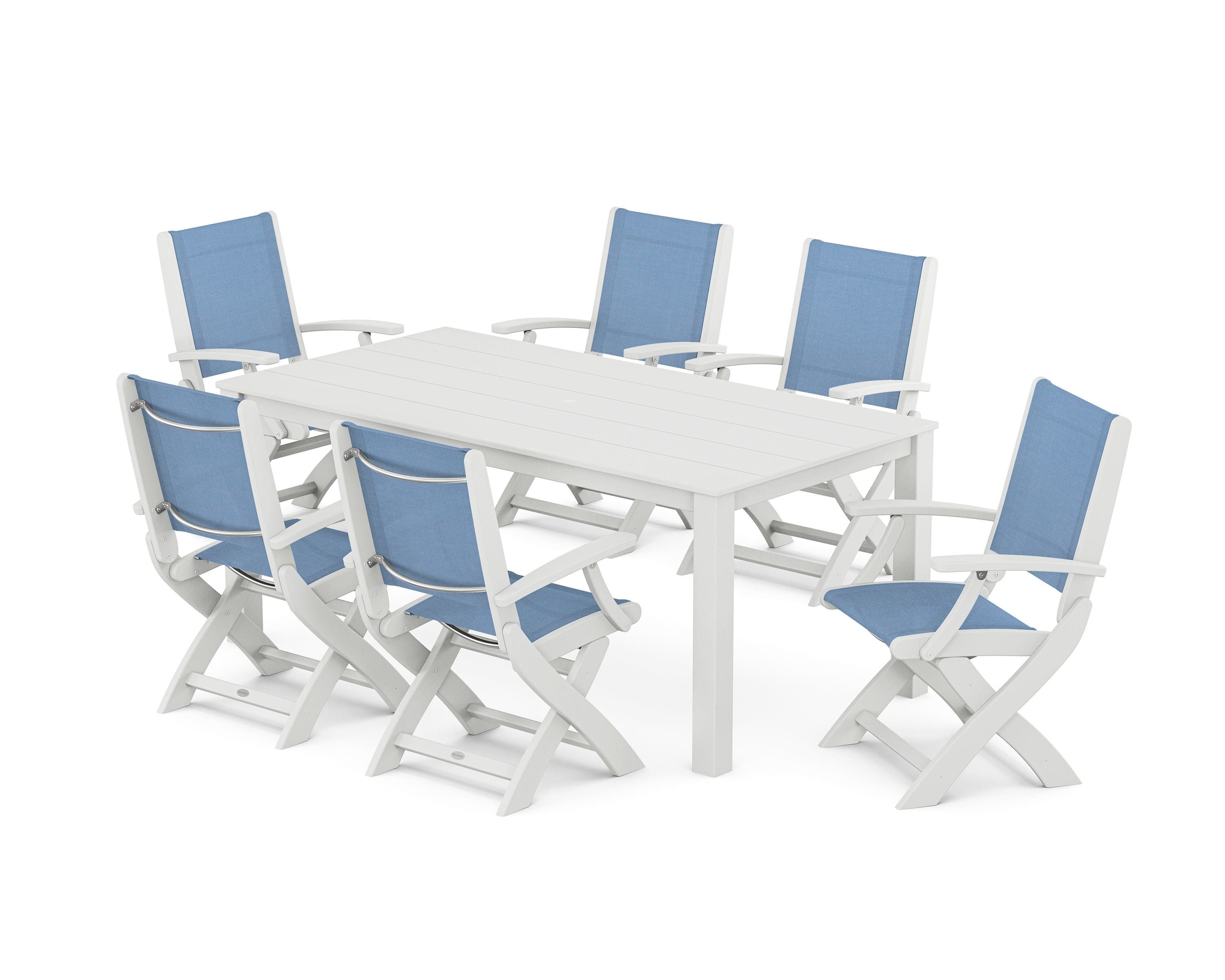 POLYWOOD® Coastal Folding Chair 7-Piece Parsons Dining Set in White / Poolside Sling