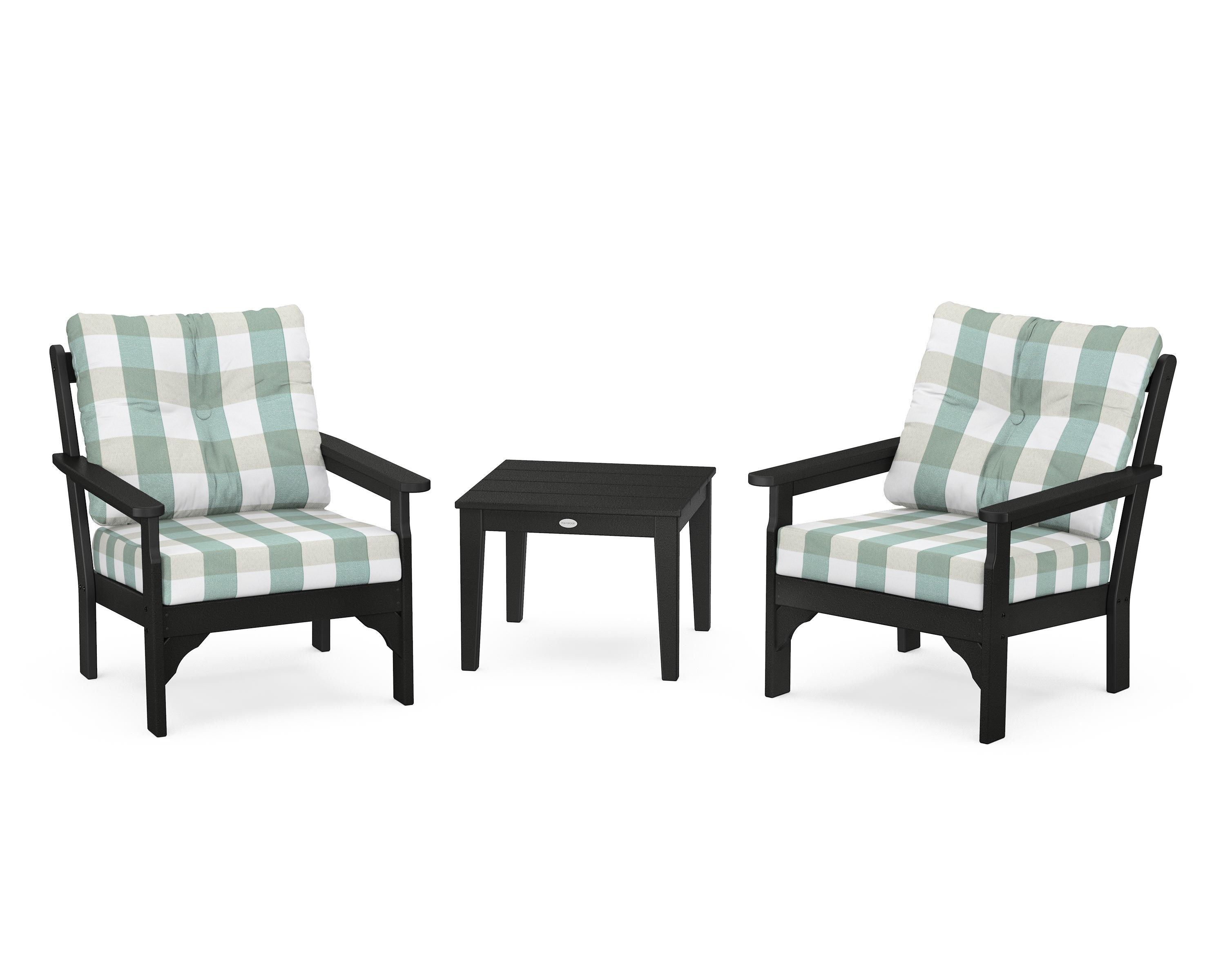 POLYWOOD® Vineyard 3-Piece Deep Seating Set in Black / Buffalo Plaid Glacier Spa