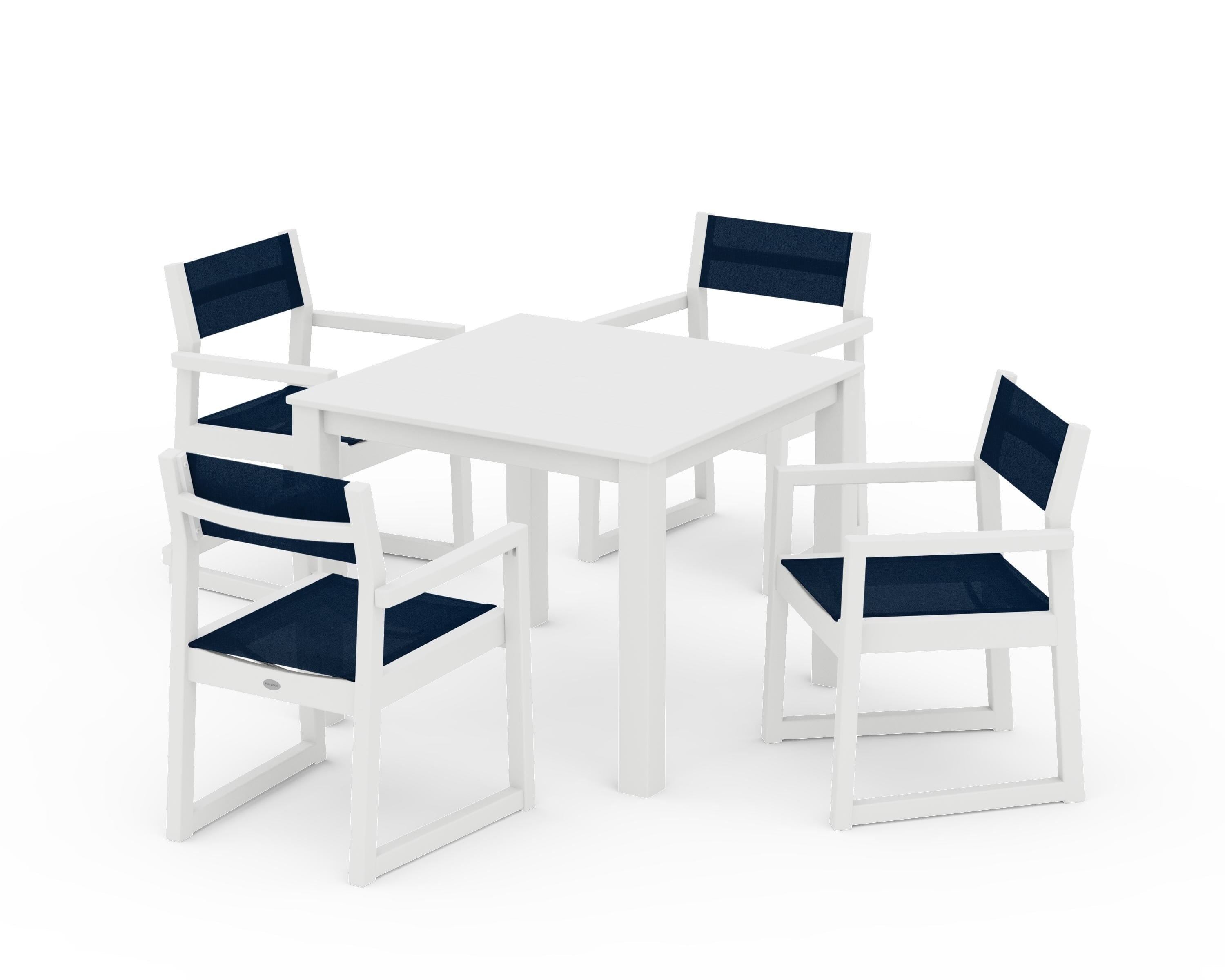 POLYWOOD® EDGE Sling Arm Chair 5-Piece Parsons Dining Set in White / Navy Blue Sling