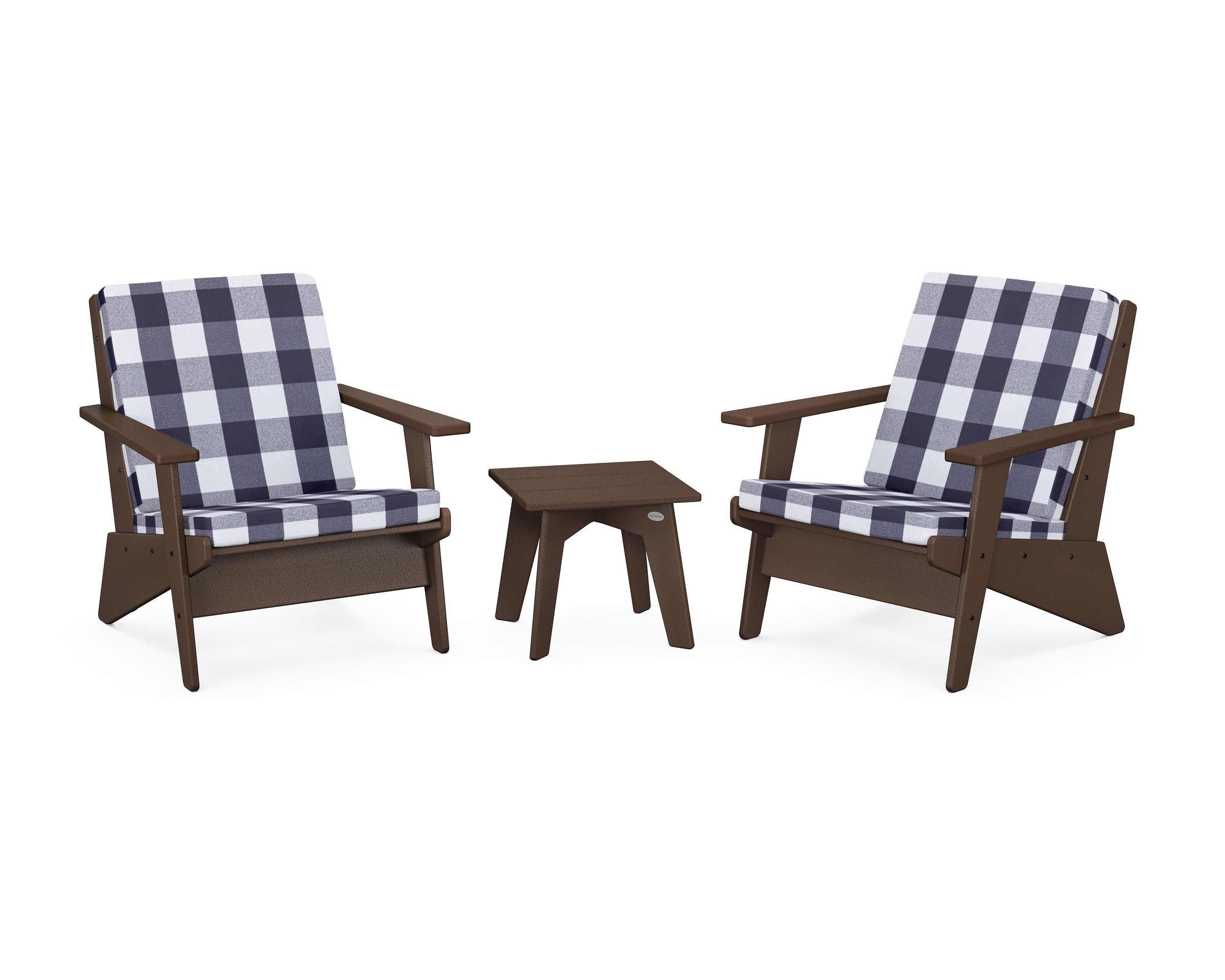 POLYWOOD® Riviera Modern Lounge 3-Piece Set in Mahogany / Buffalo Plaid Navy