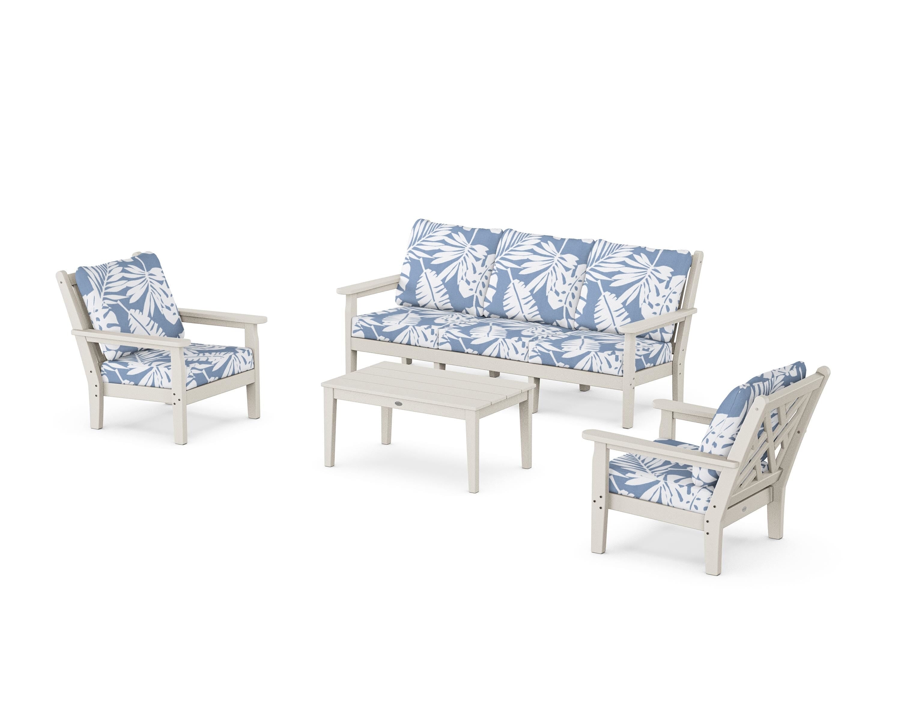 POLYWOOD® Chippendale 4-Piece Deep Seating Set with Sofa in Sand / Leaf Sky Blue