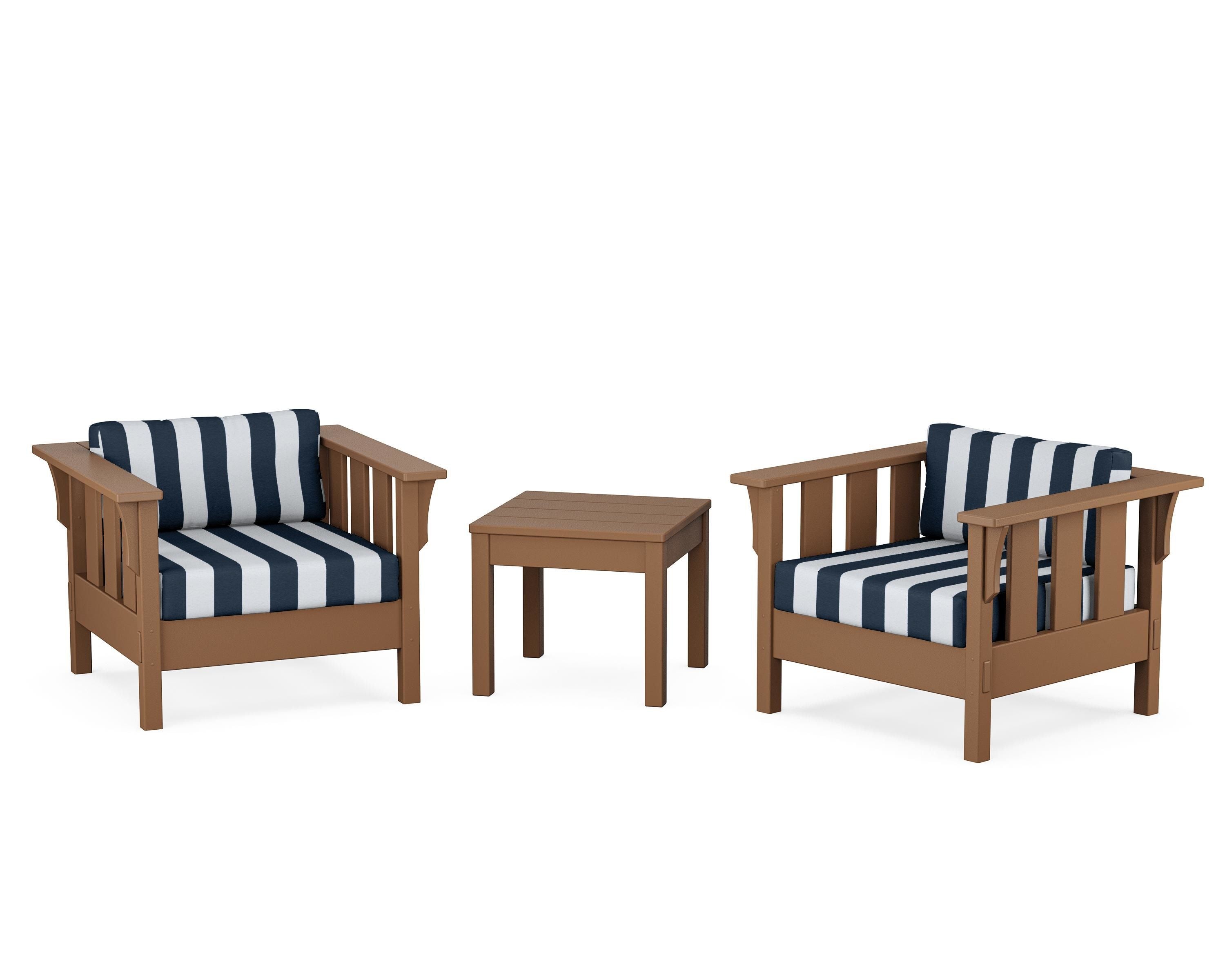 Martha Stewart by POLYWOOD® Acadia 3-Piece Deep Seating Set in Teak / Cabana Stripe Marine Indigo