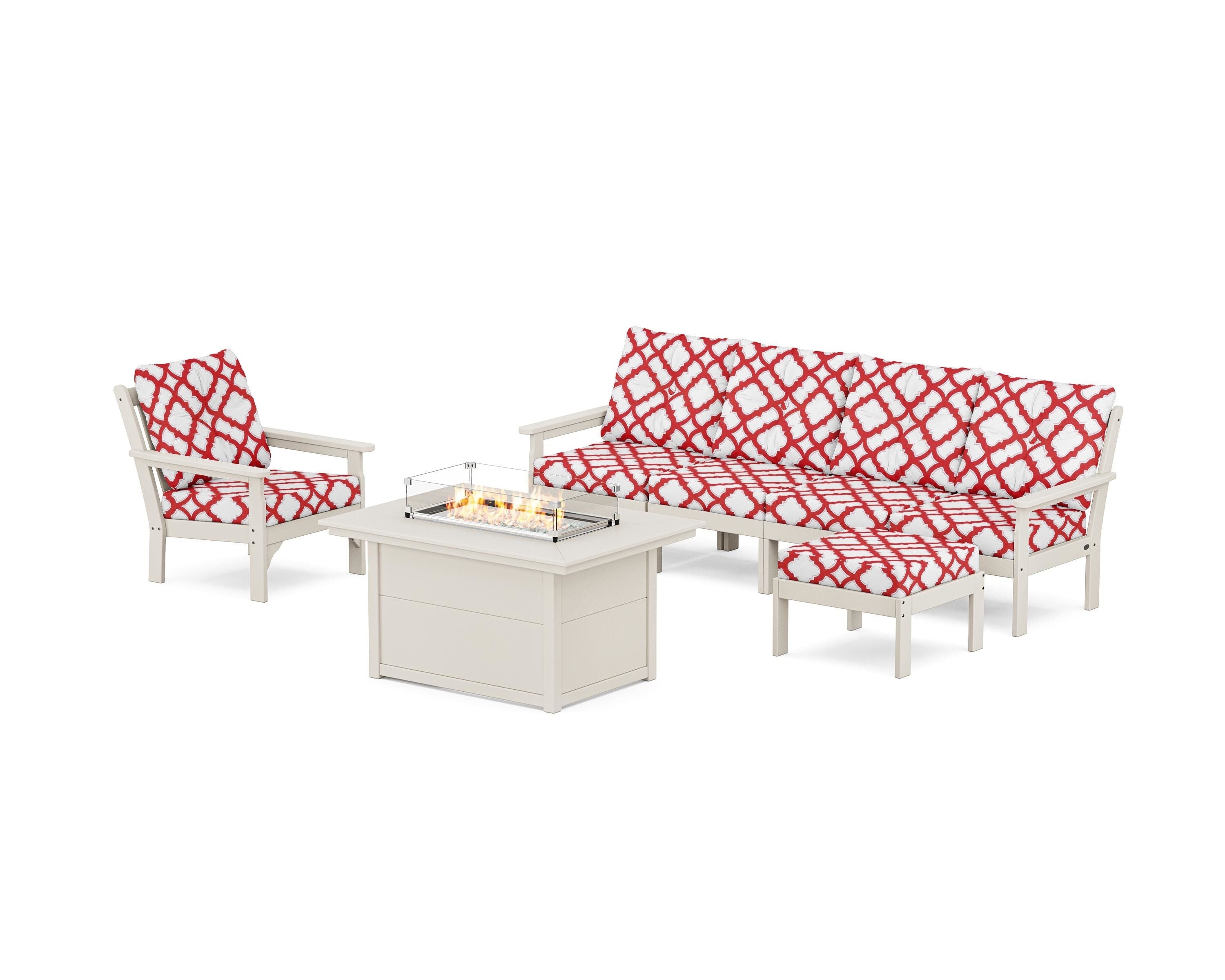 POLYWOOD® Vineyard Sectional Lounge and Fire Pit Set in Sand / Trellis Crimson