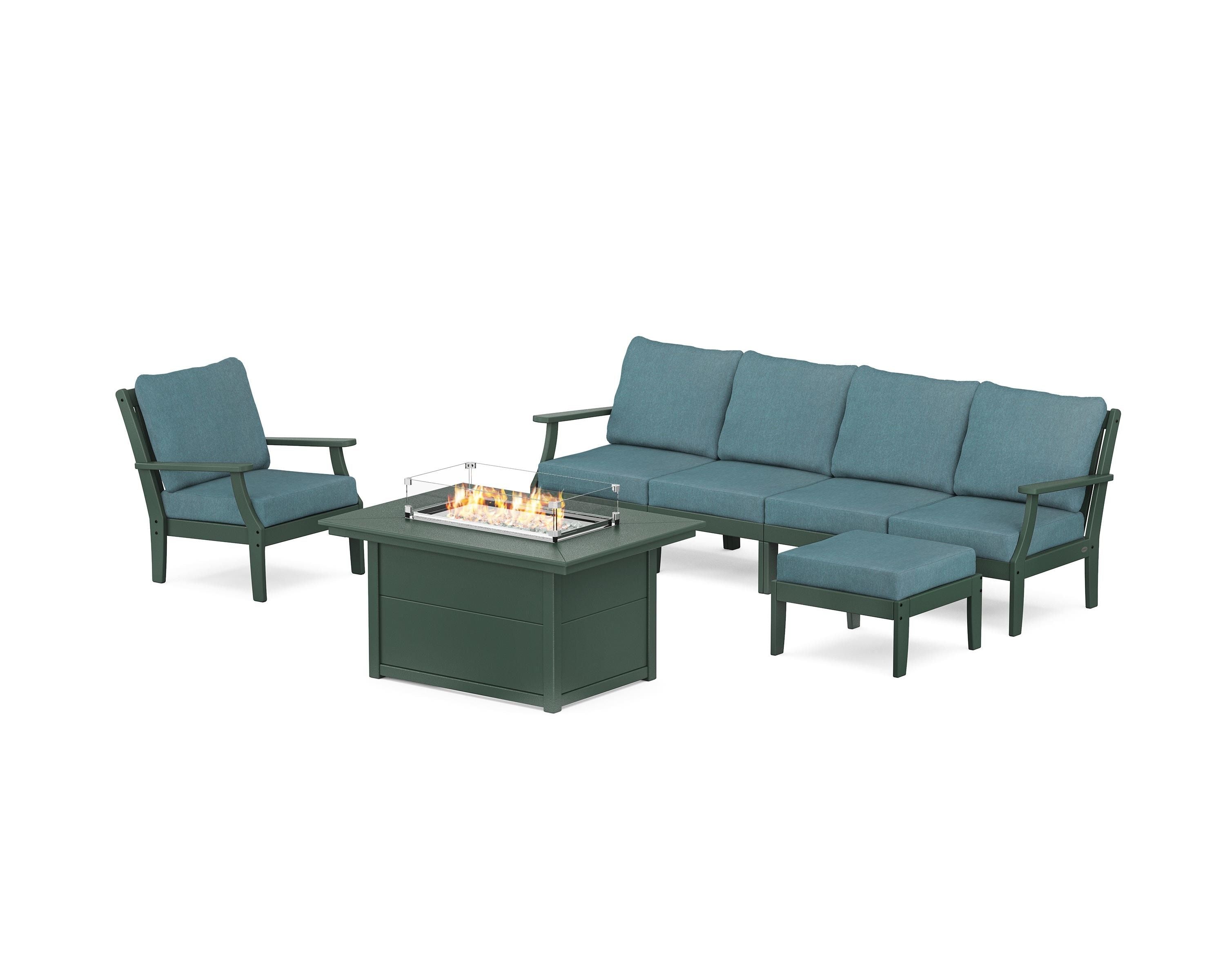 POLYWOOD® Braxton Sectional Lounge and Fire Pit Set in Green / Ocean Teal