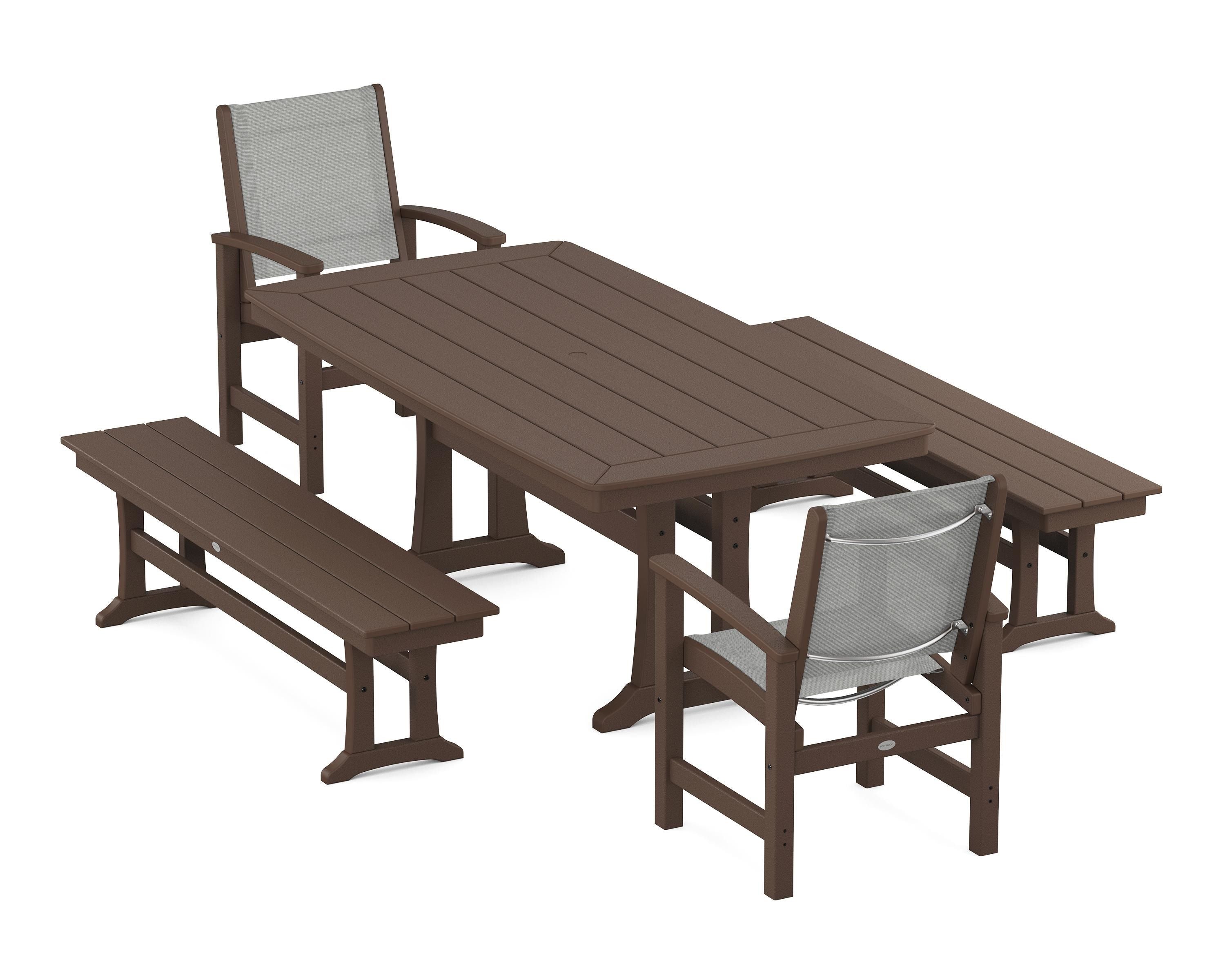 POLYWOOD® Coastal 5-Piece Dining Set with Trestle Legs and Benches in Mahogany / Metallic Sling