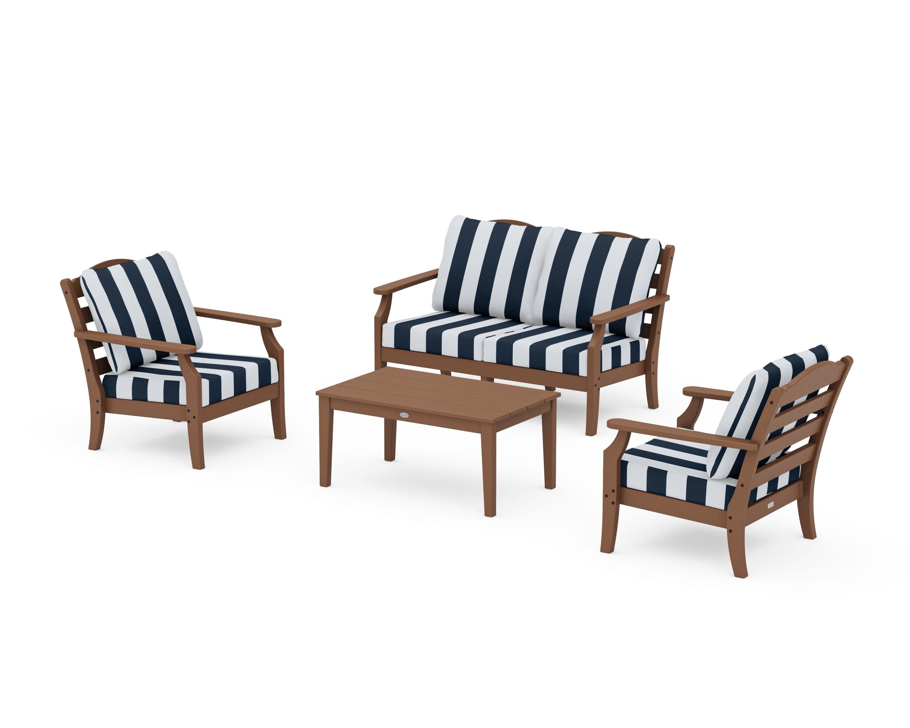 Draper James™ by POLYWOOD® Savannah 4-Piece Deep Seating Set with Loveseat in Teak / Cabana Stripe Marine Indigo