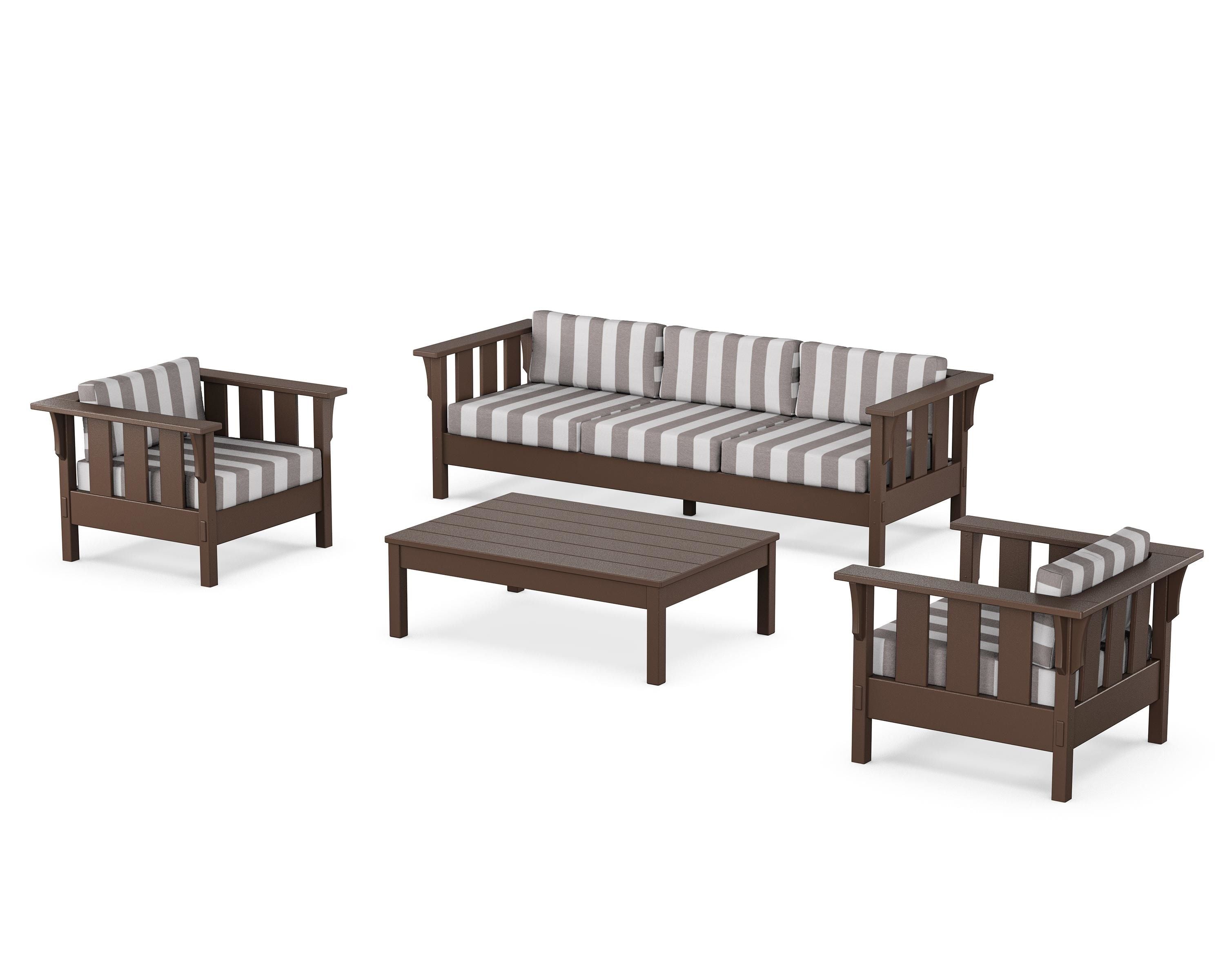 Martha Stewart by POLYWOOD® Acadia 4-Piece Deep Seating Set with Sofa in Mahogany / Cabana Stripe Grey Mist