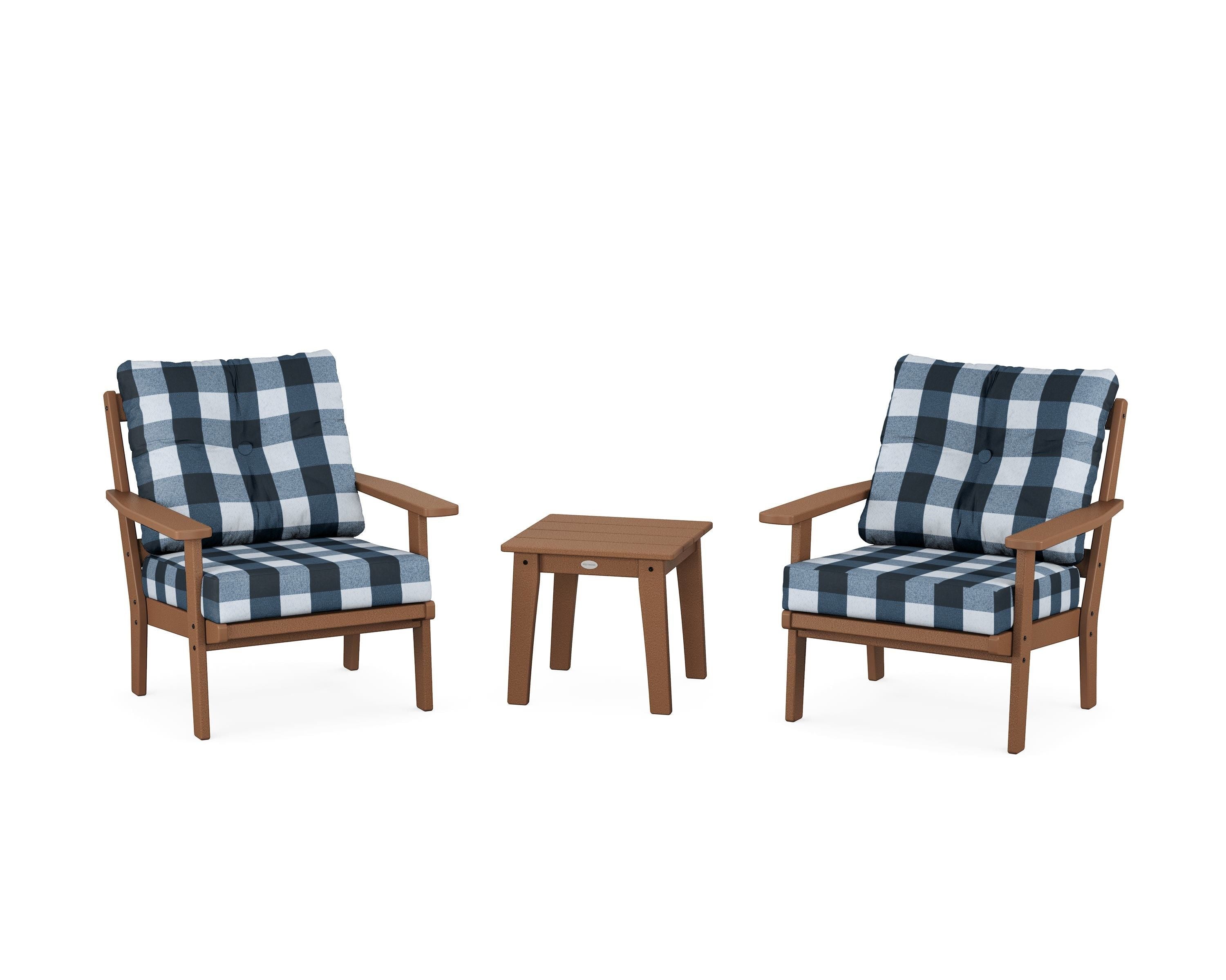 POLYWOOD® Prairie 3-Piece Deep Seating Set in Teak / Buffalo Plaid Marine Indigo