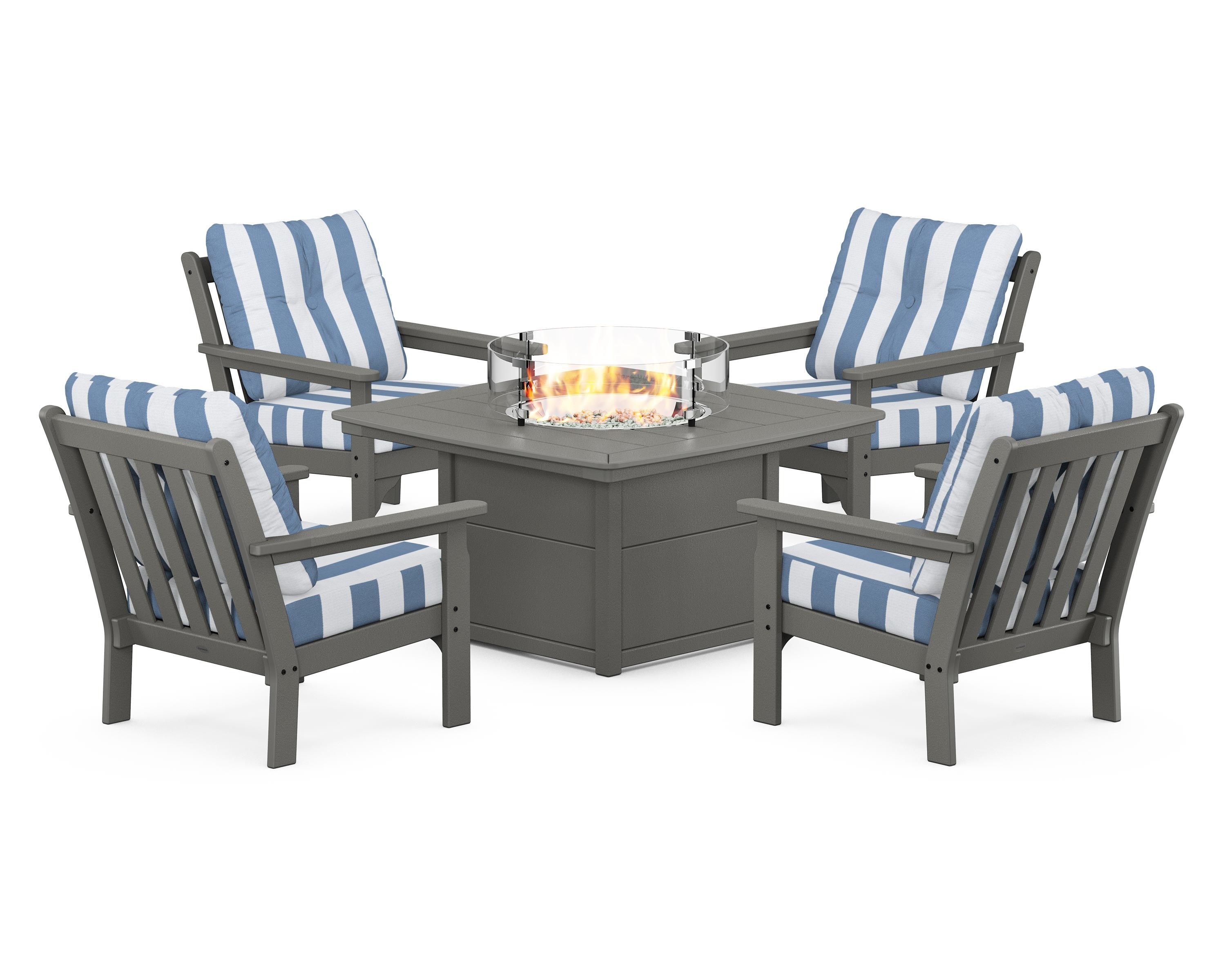 POLYWOOD® Vineyard 5-Piece Conversation Set with Fire Pit Table in Slate Grey / Cabana Stripe Sky Blue