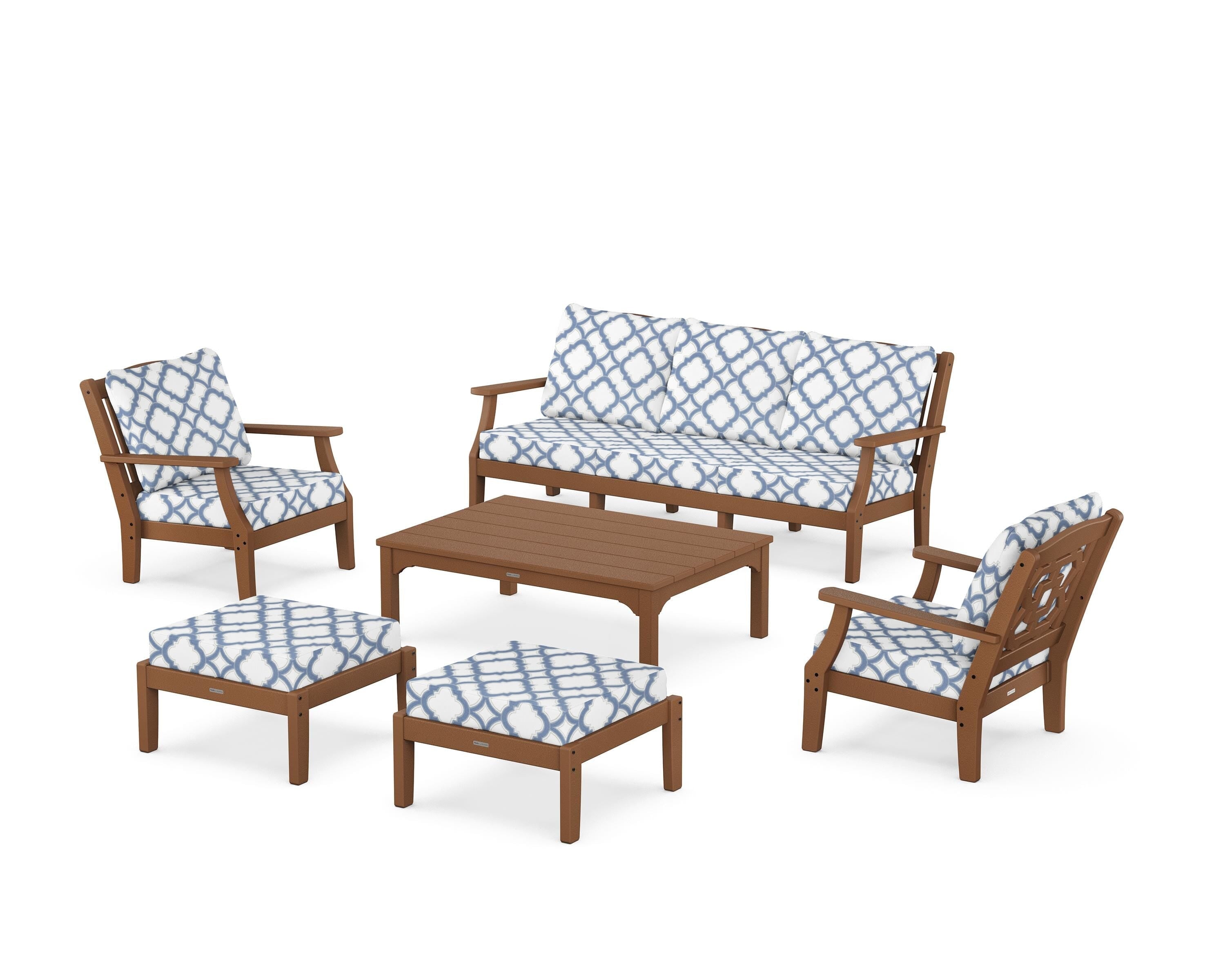 Martha Stewart by POLYWOOD® Chinoiserie 6-Piece Lounge Sofa Set in Teak / Trellis Sky Blue