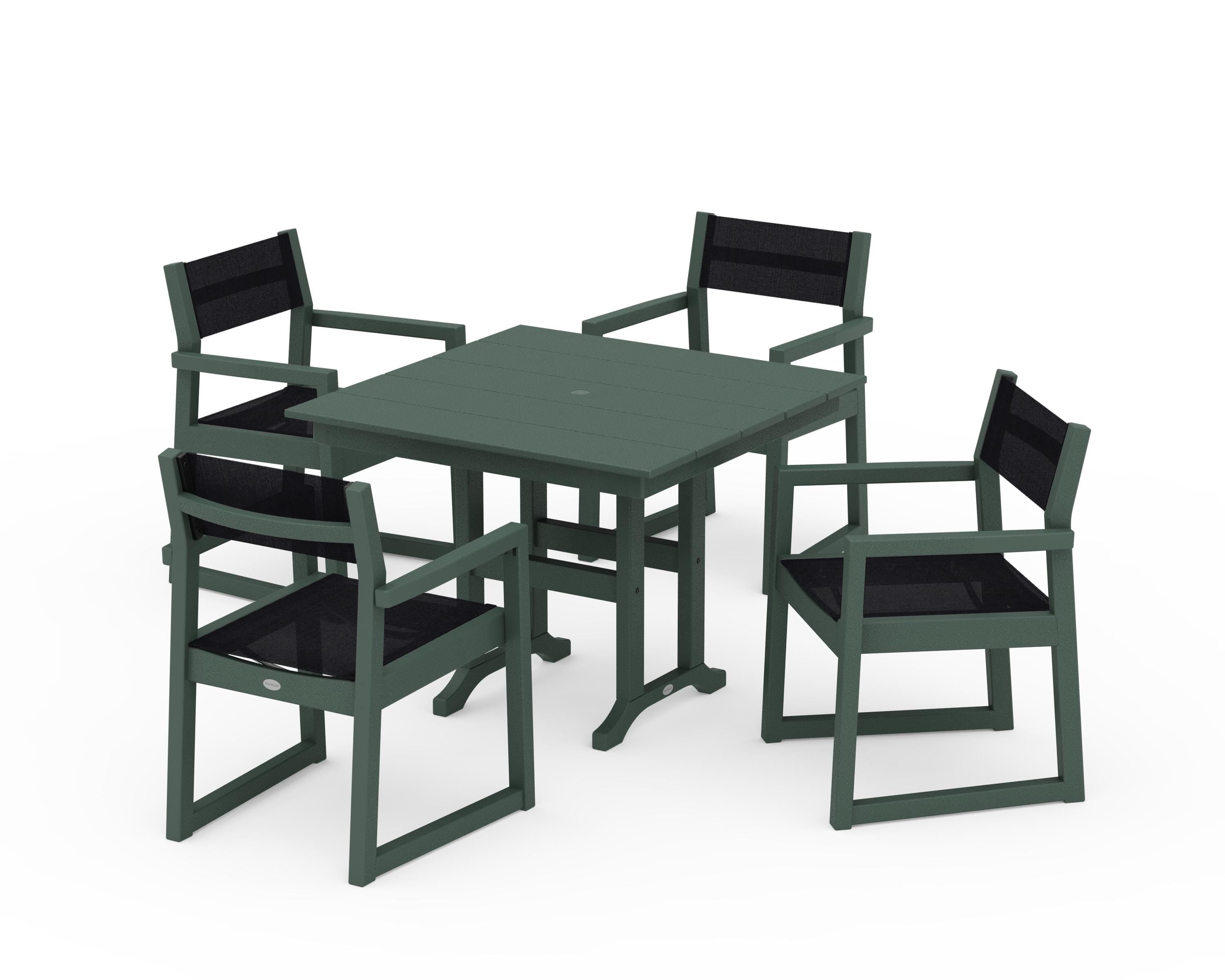POLYWOOD® EDGE Sling Arm Chair 5-Piece Farmhouse Dining Set in Green / Black Sling