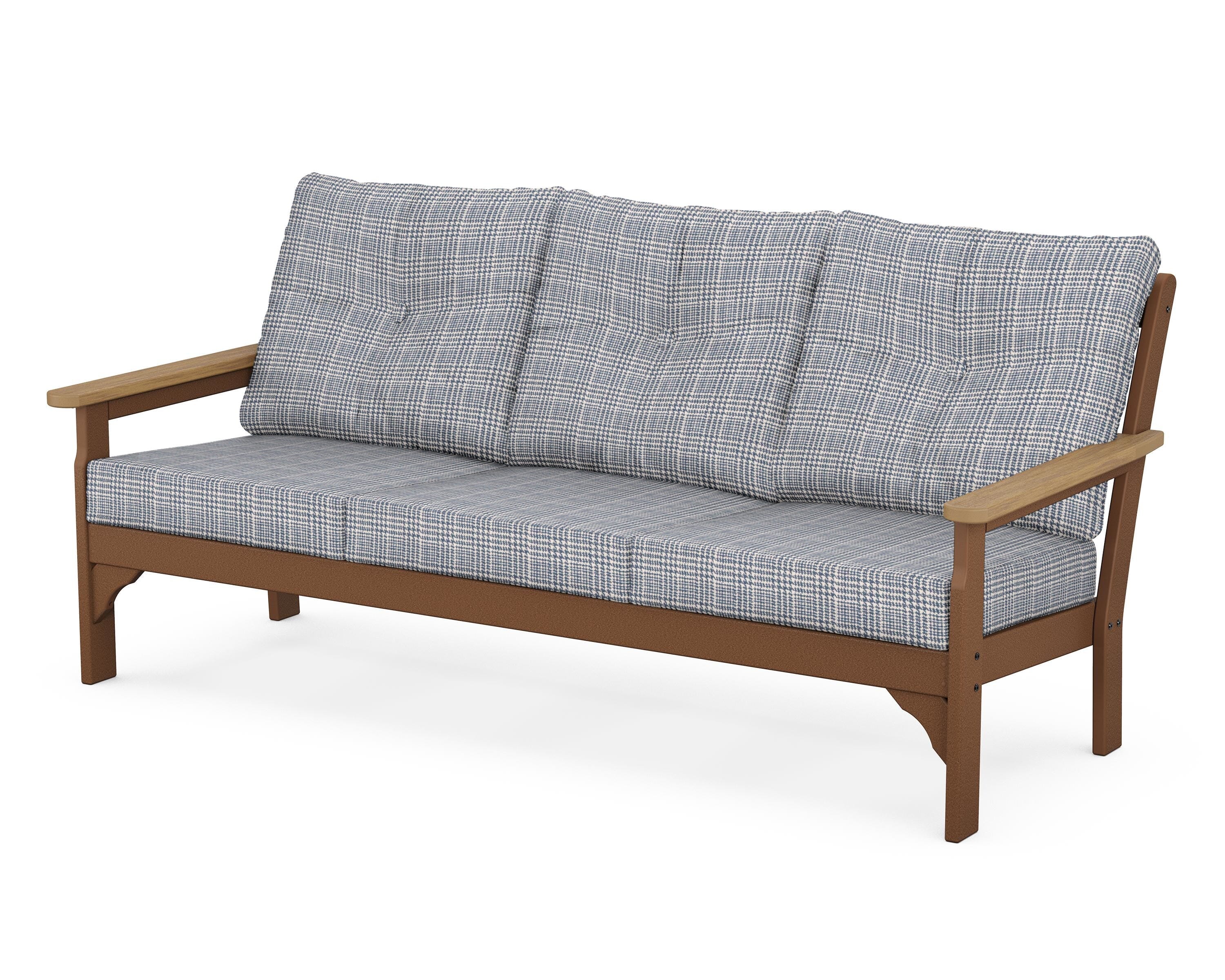 POLYWOOD® Vineyard Deep Seating Sofa in Teak / Natural / Houndstooth Sky Blue