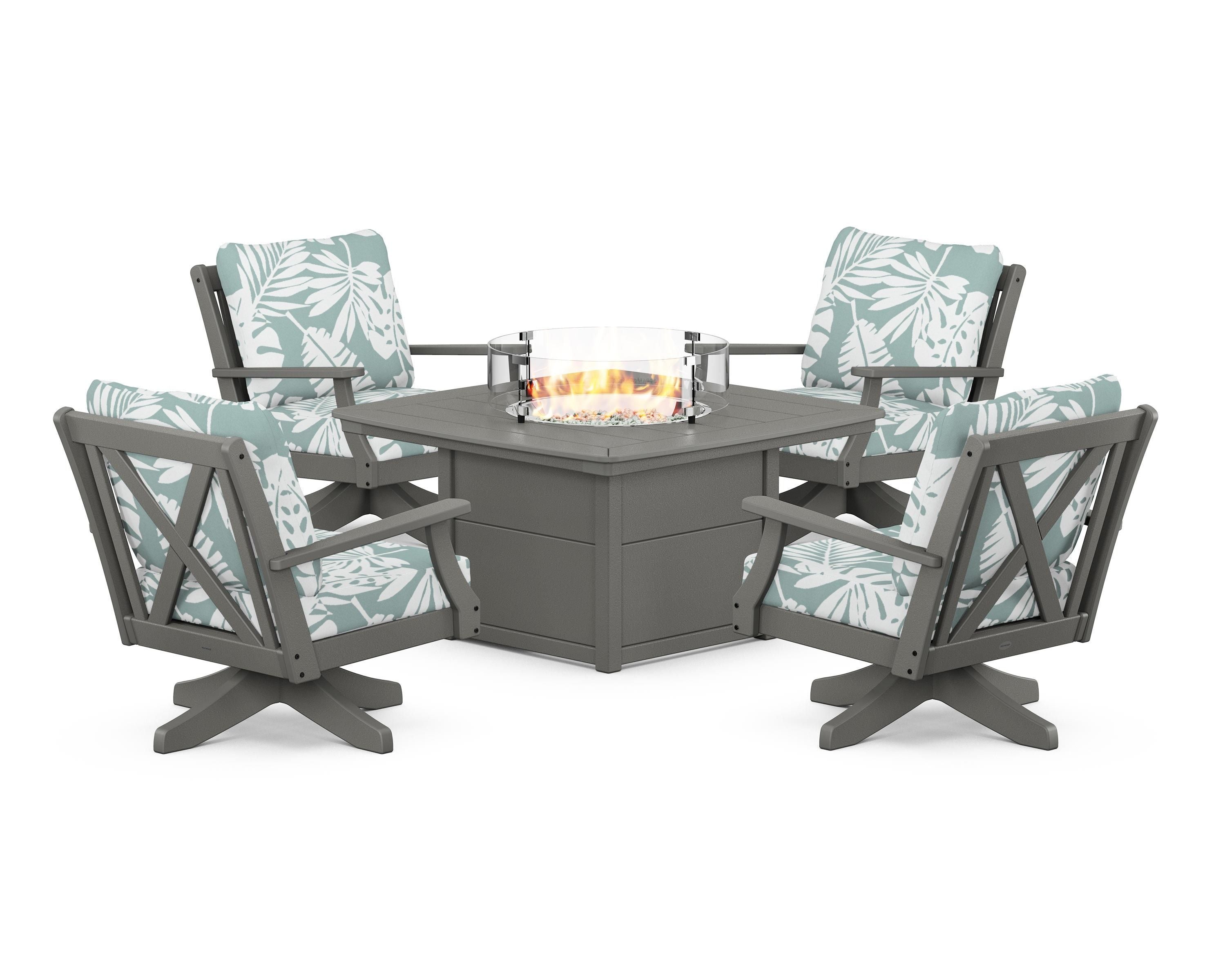 POLYWOOD® Braxton 5-Piece Deep Seating Swivel Conversation Set with Fire Pit Table in Slate Grey / Leaf Glacier Spa