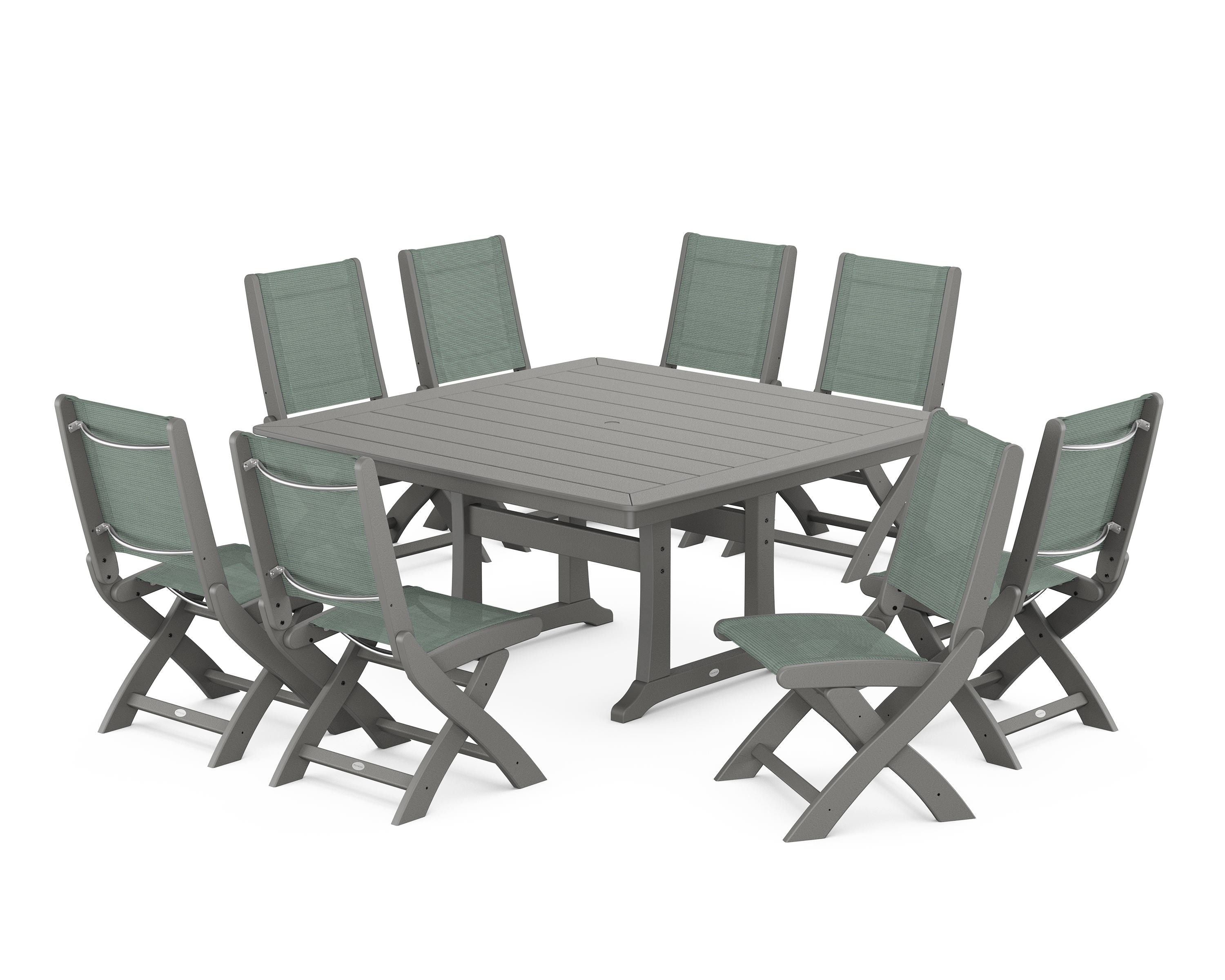 POLYWOOD® Coastal Folding Side Chair 9-Piece Dining Set with Trestle Legs in Slate Grey / Dupioni Sea Mist Sling