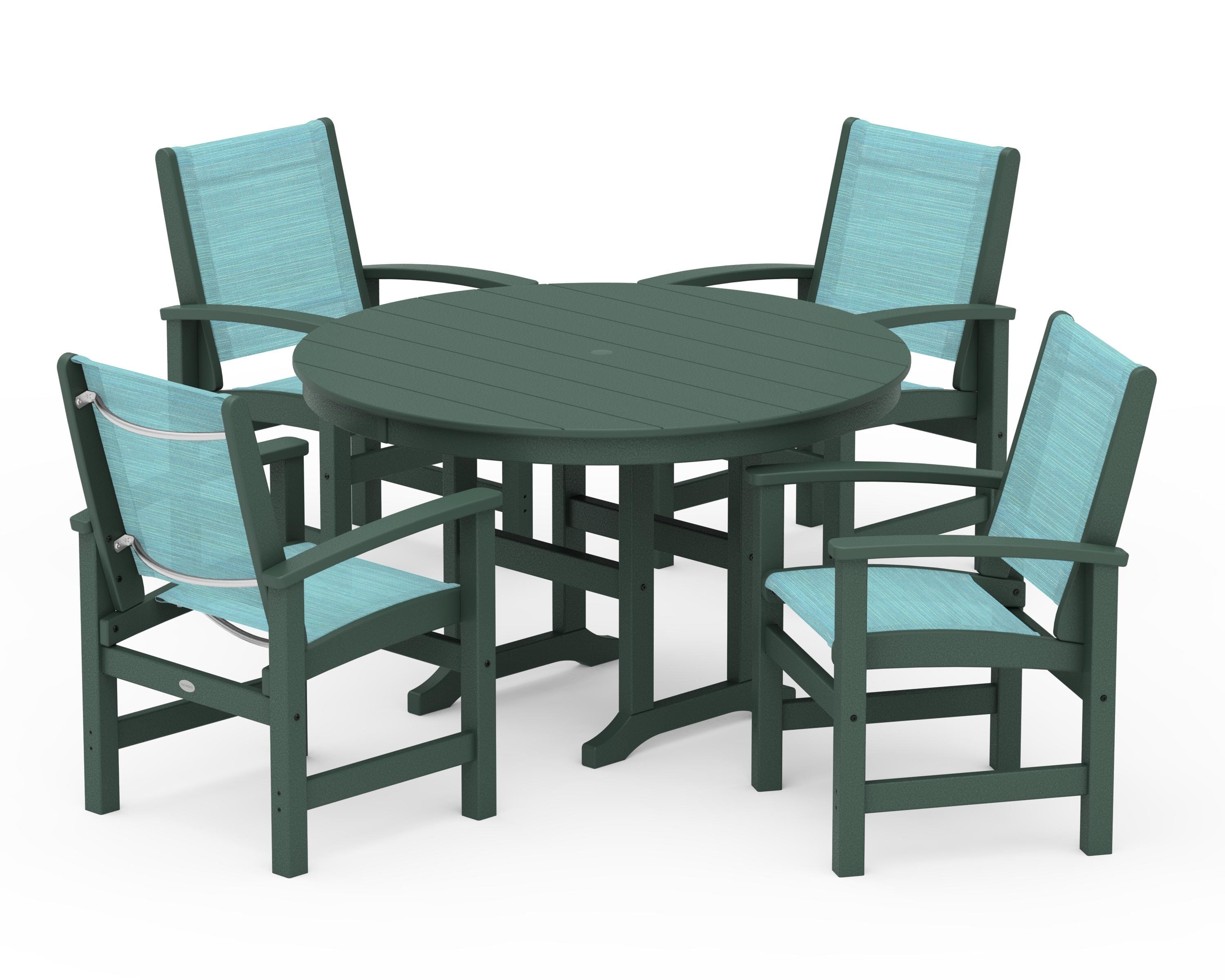 POLYWOOD® Coastal 5-Piece Round Farmhouse Dining Set in Green / Dupioni Aquamarine Sling