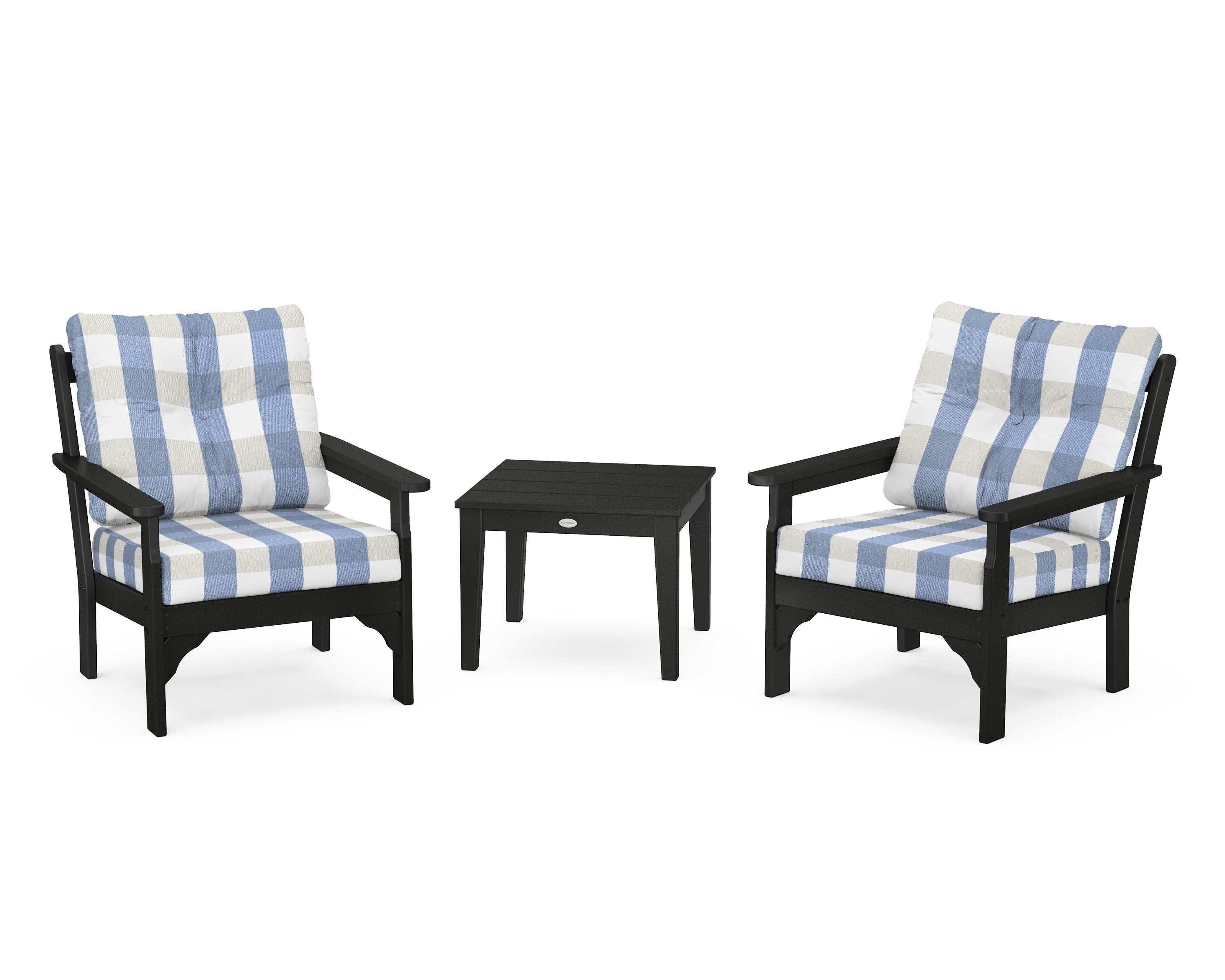 POLYWOOD® Vineyard 3-Piece Deep Seating Set in Black / Buffalo Plaid Sky Blue