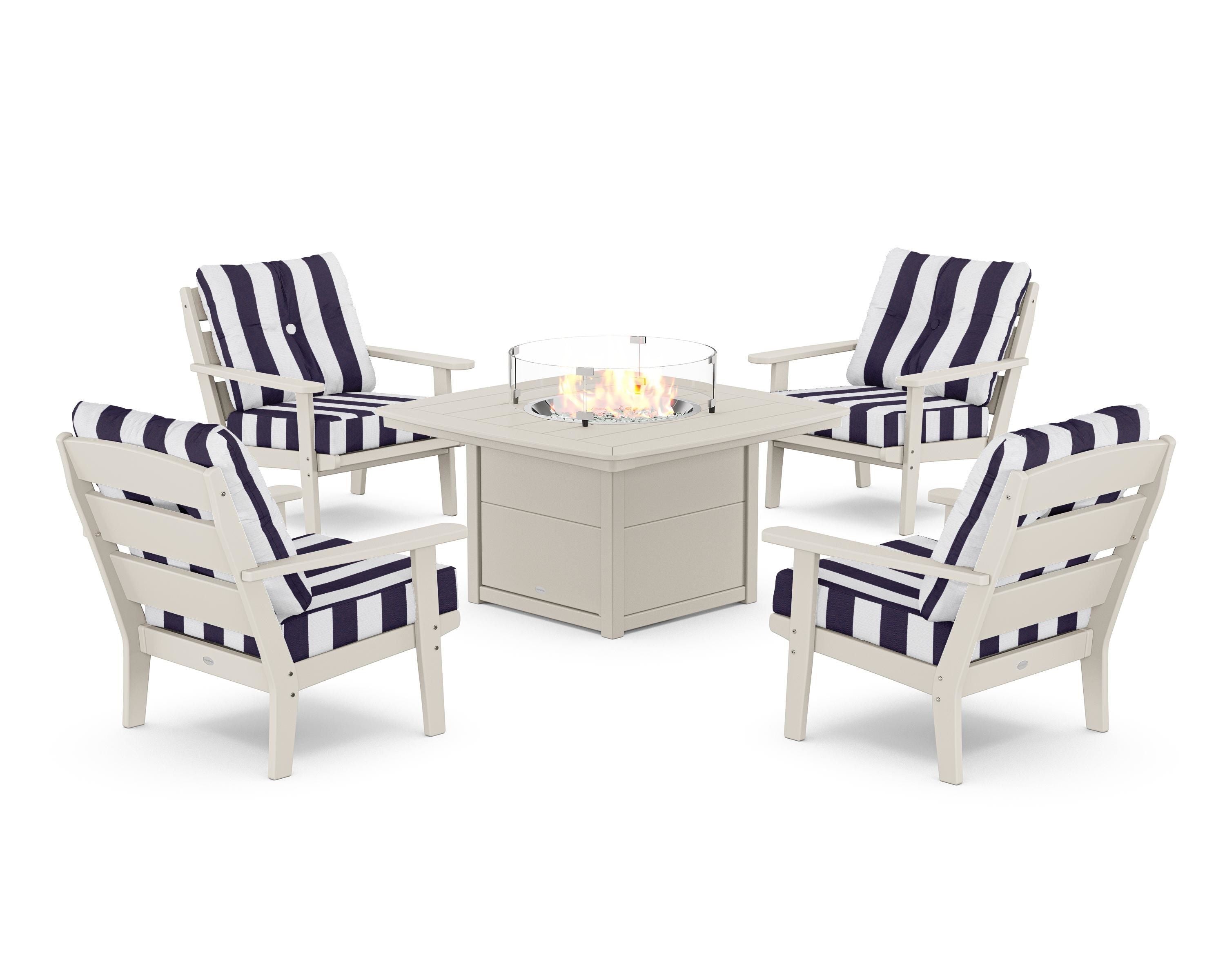 POLYWOOD® Lakeside 5-Piece Deep Seating Set with Nautical Fire Pit Table in Sand / Cabana Stripe Navy