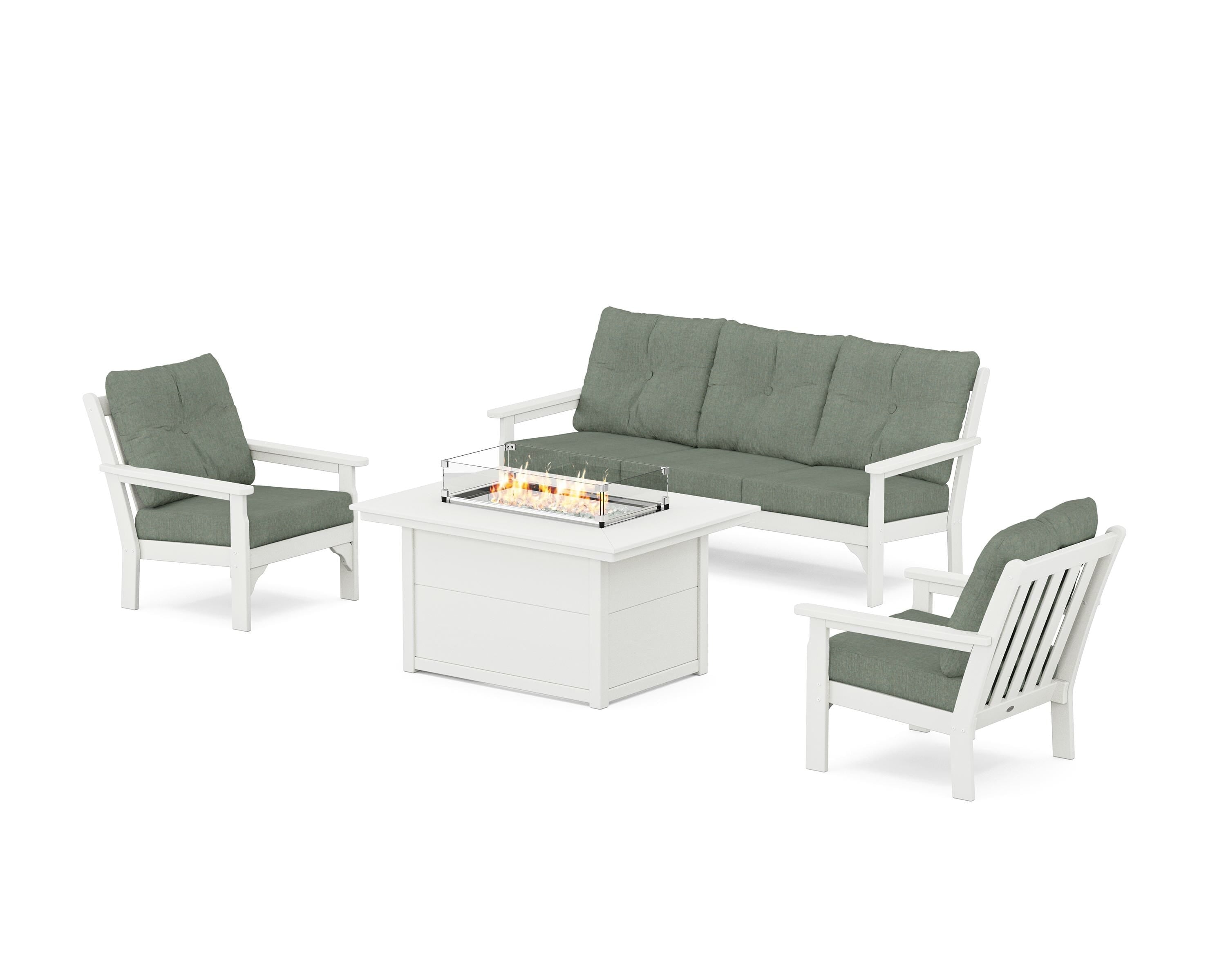 POLYWOOD® Vineyard Deep Seating Fire Pit Table Set in Vintage White / Cast Sage