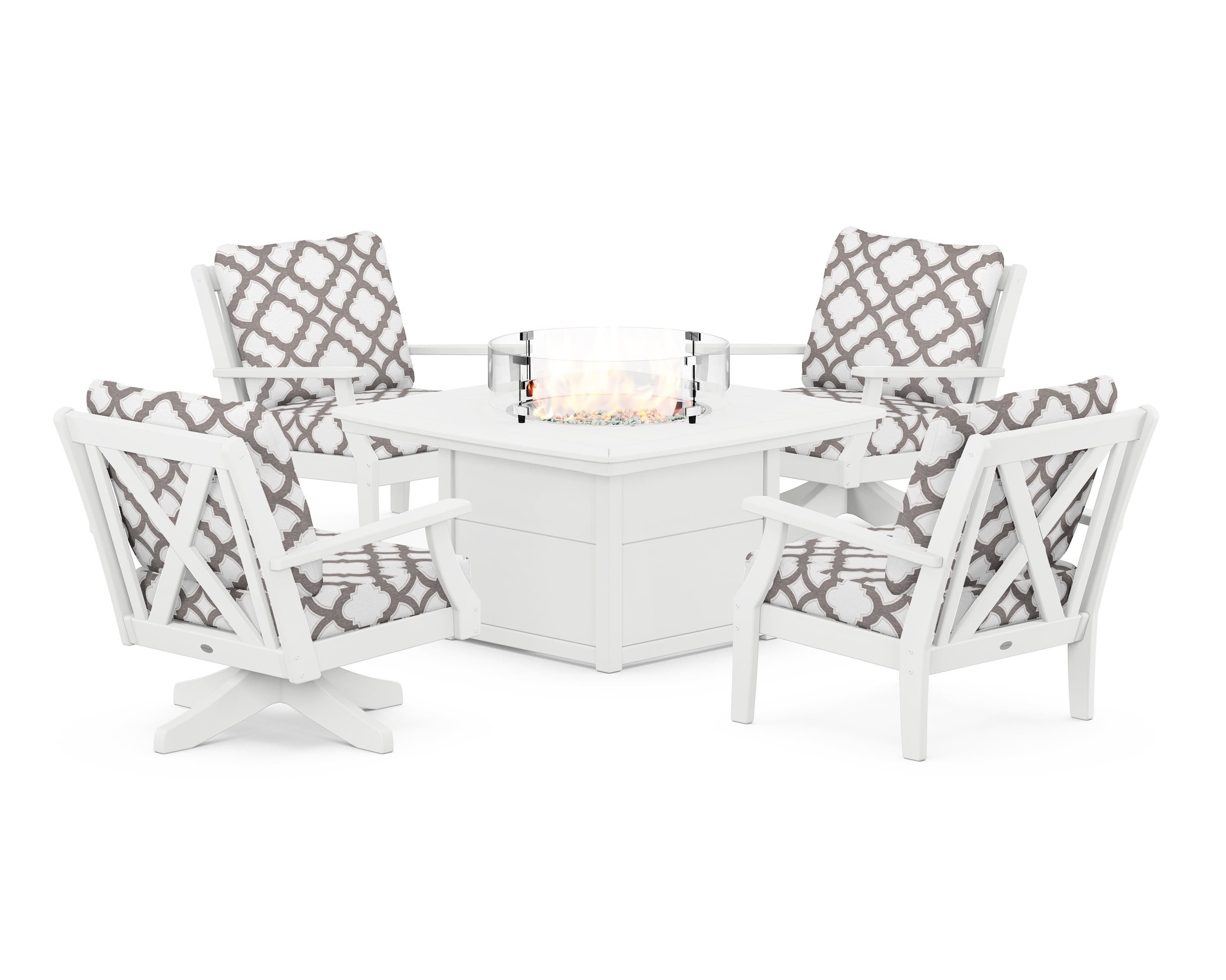 POLYWOOD® Braxton 5-Piece Deep Seating Set with Fire Table in White / Trellis Grey Mist
