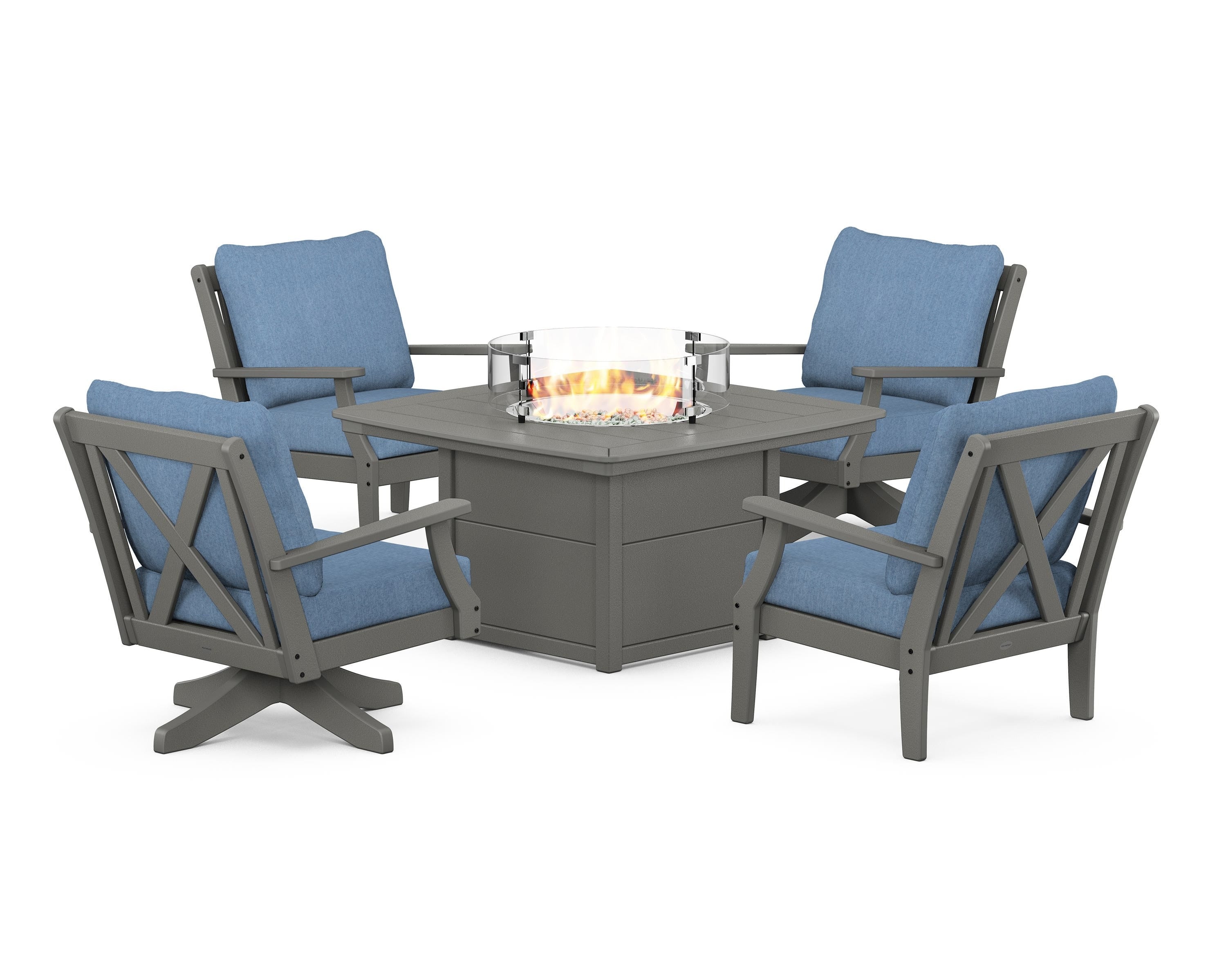 POLYWOOD® Braxton 5-Piece Deep Seating Set with Fire Table in Slate Grey / Sky Blue