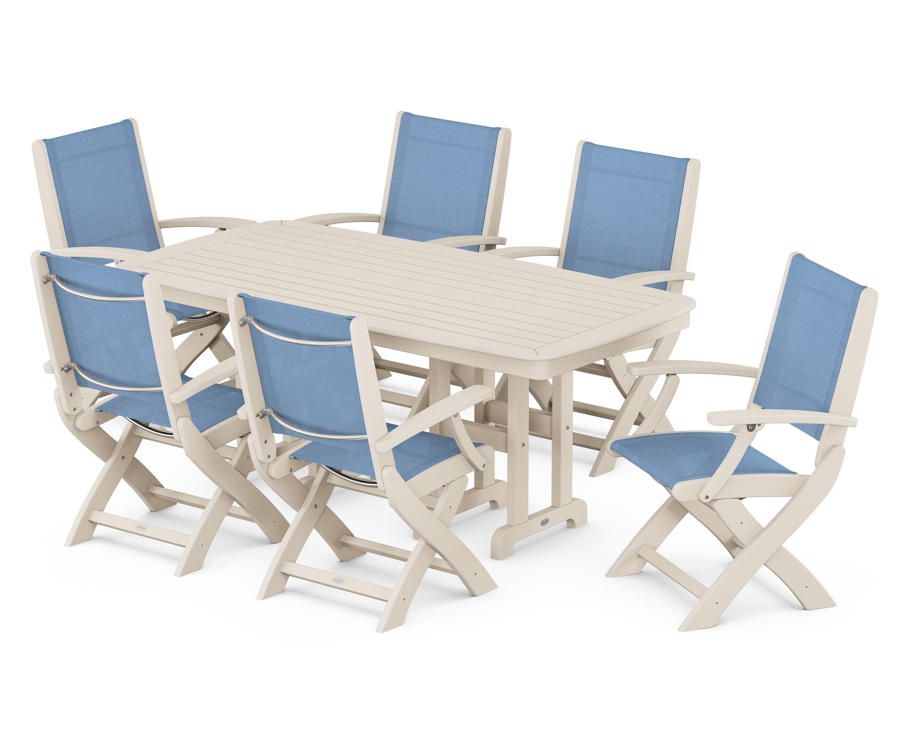 POLYWOOD® Coastal Folding Arm Chair 7-Piece Dining Set in Sand / Poolside Sling