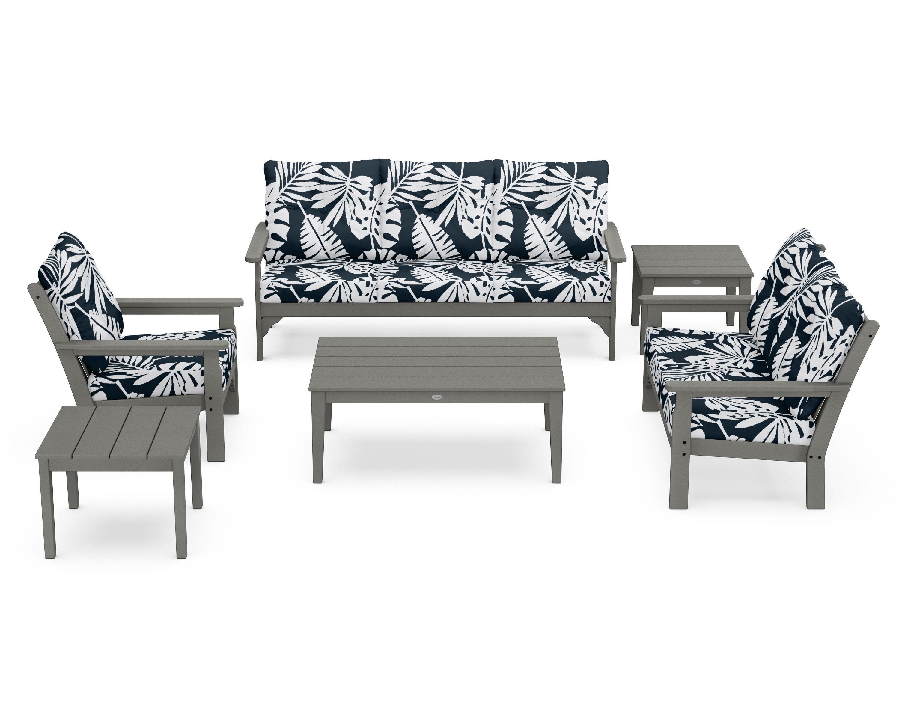 POLYWOOD® Vineyard 6-Piece Deep Seating Set in Slate Grey / Leaf Marine Indigo