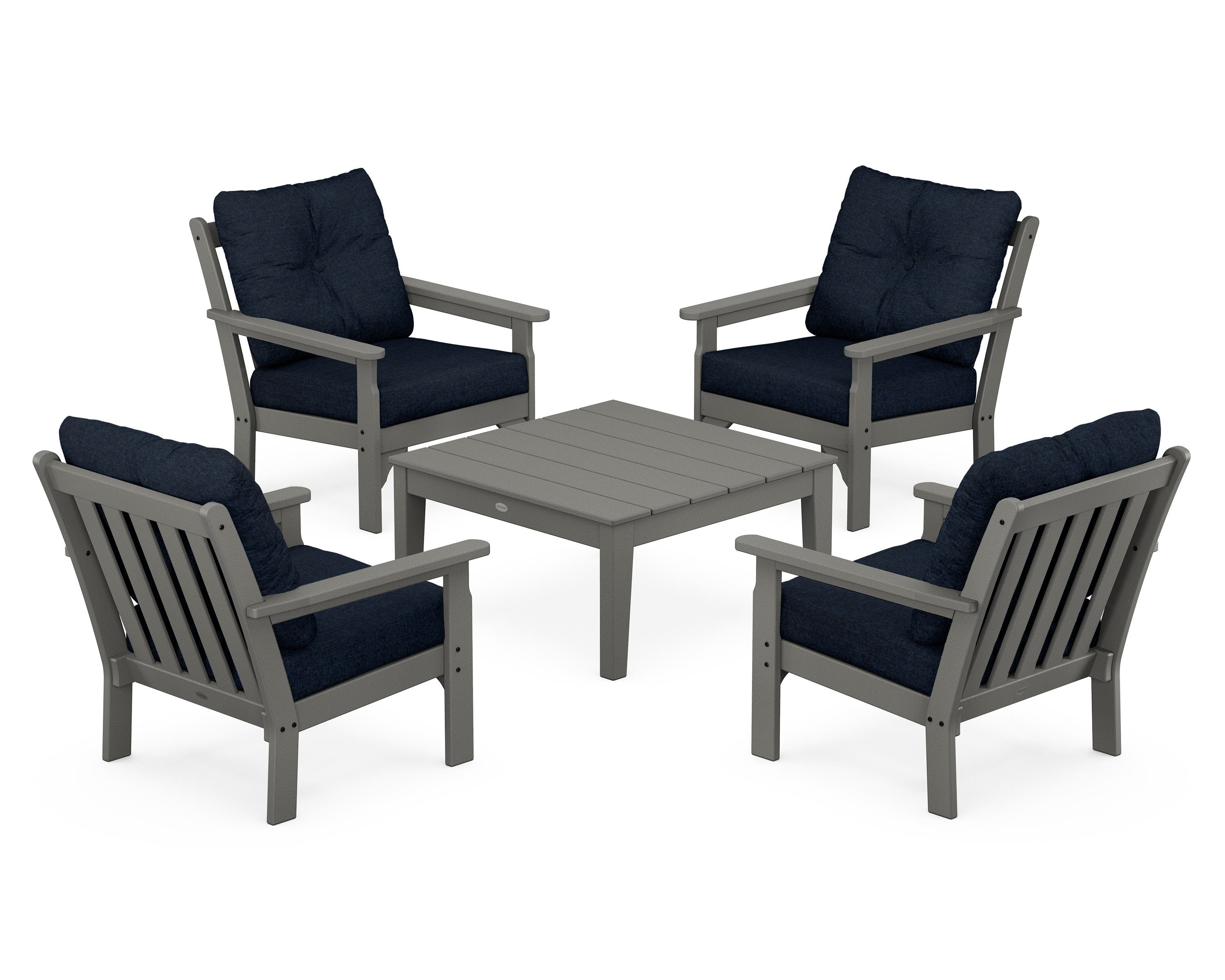 POLYWOOD® Vineyard 5-Piece Deep Seating Conversation Set in Slate Grey / Marine Indigo