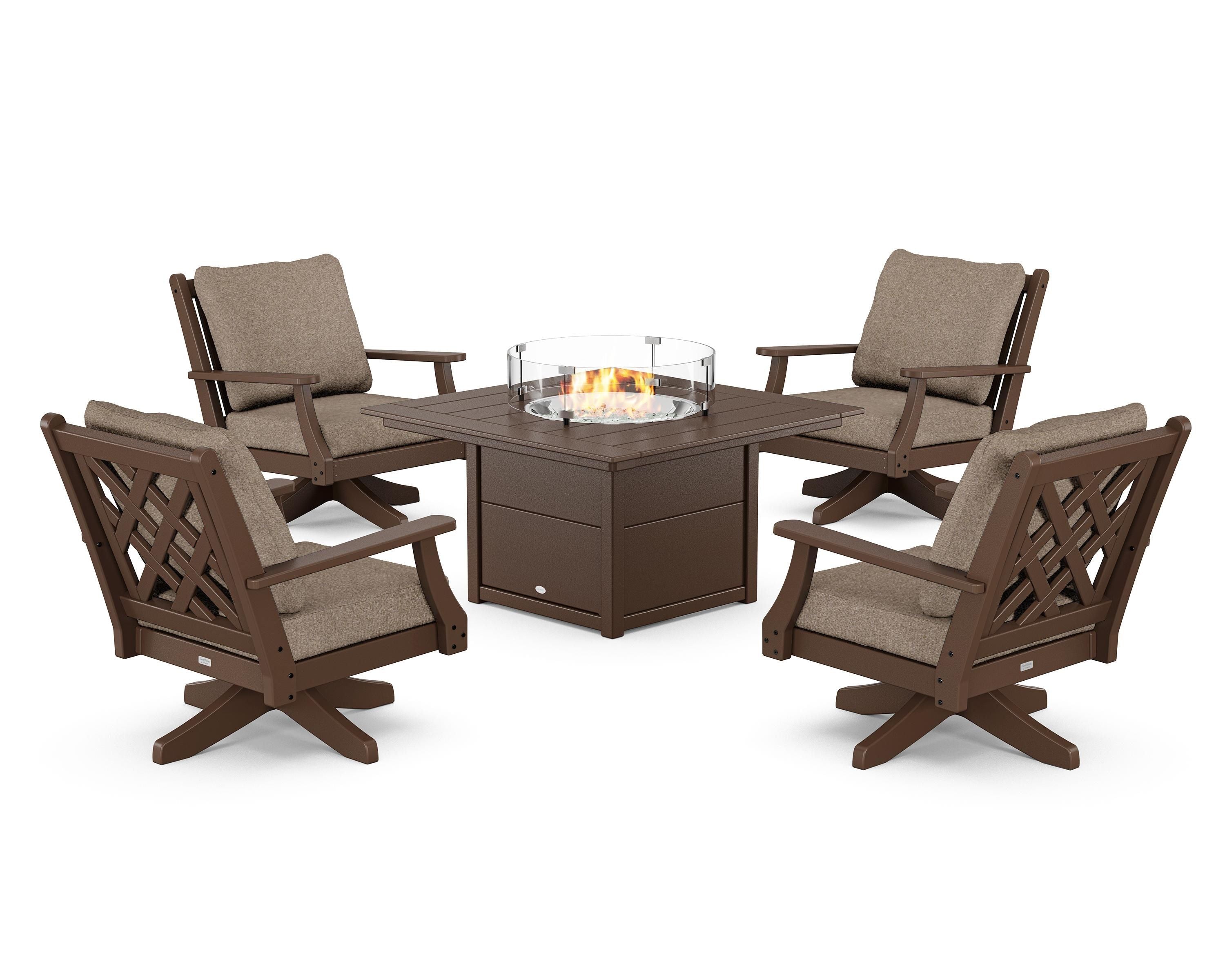 Country Living Wovendale 5-Piece Deep Seating Swivel Conversation Set with Fire Pit Table in Mahogany / Spiced Burlap