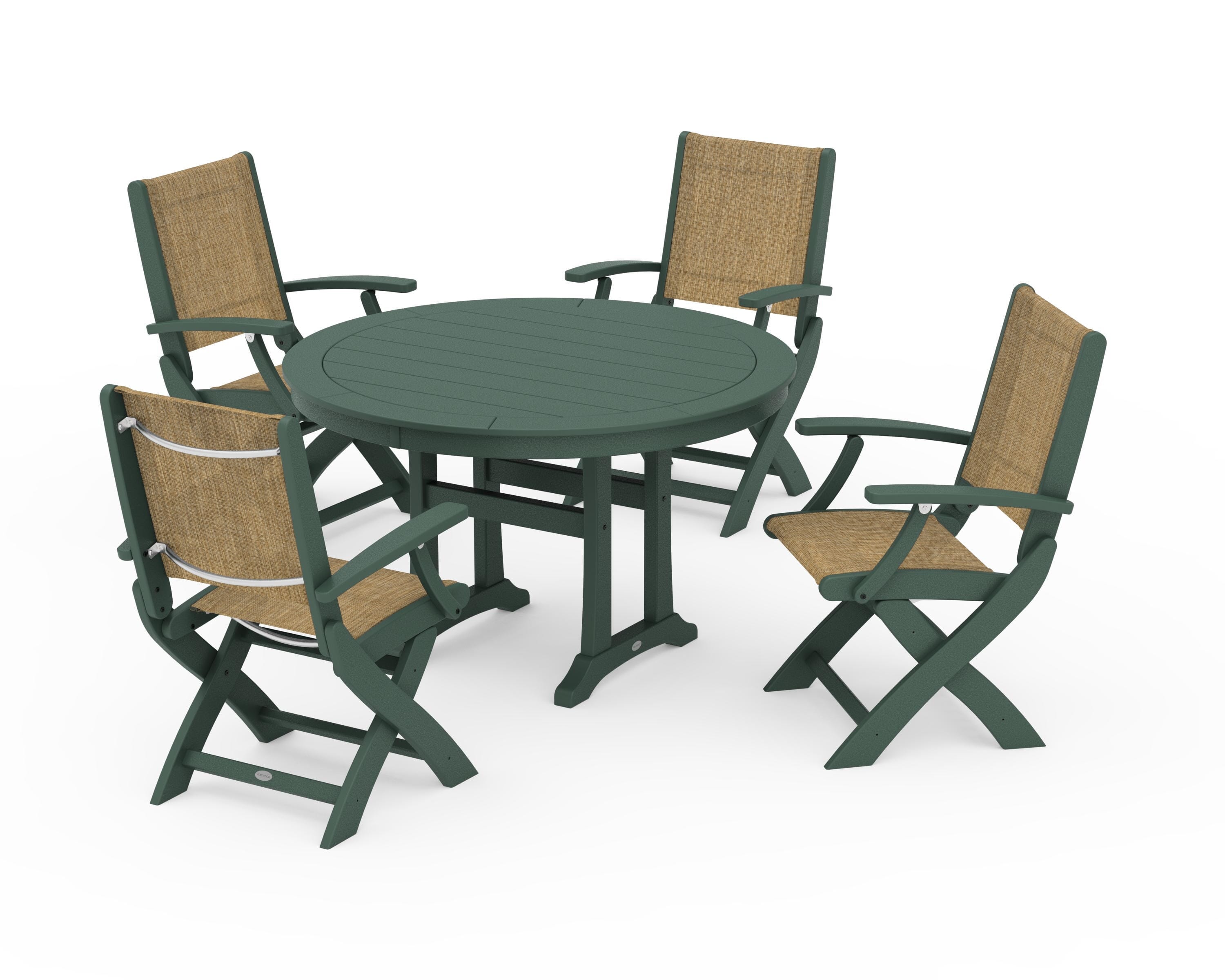 POLYWOOD® Coastal Folding Chair 5-Piece Round Dining Set with Trestle Legs in Green / Burlap Sling
