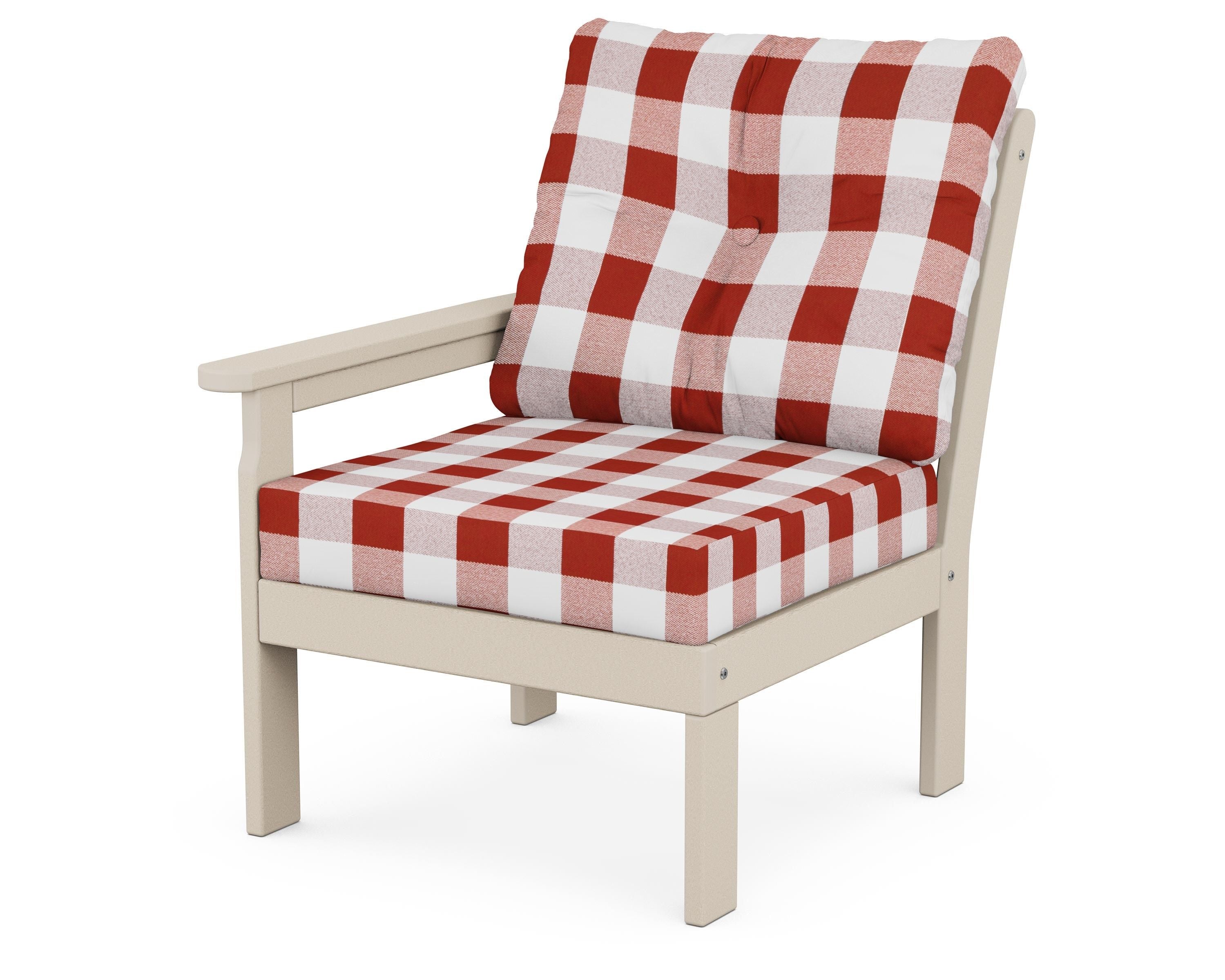 POLYWOOD® Vineyard Modular Left Arm Chair in Sand / Buffalo Plaid Crimson