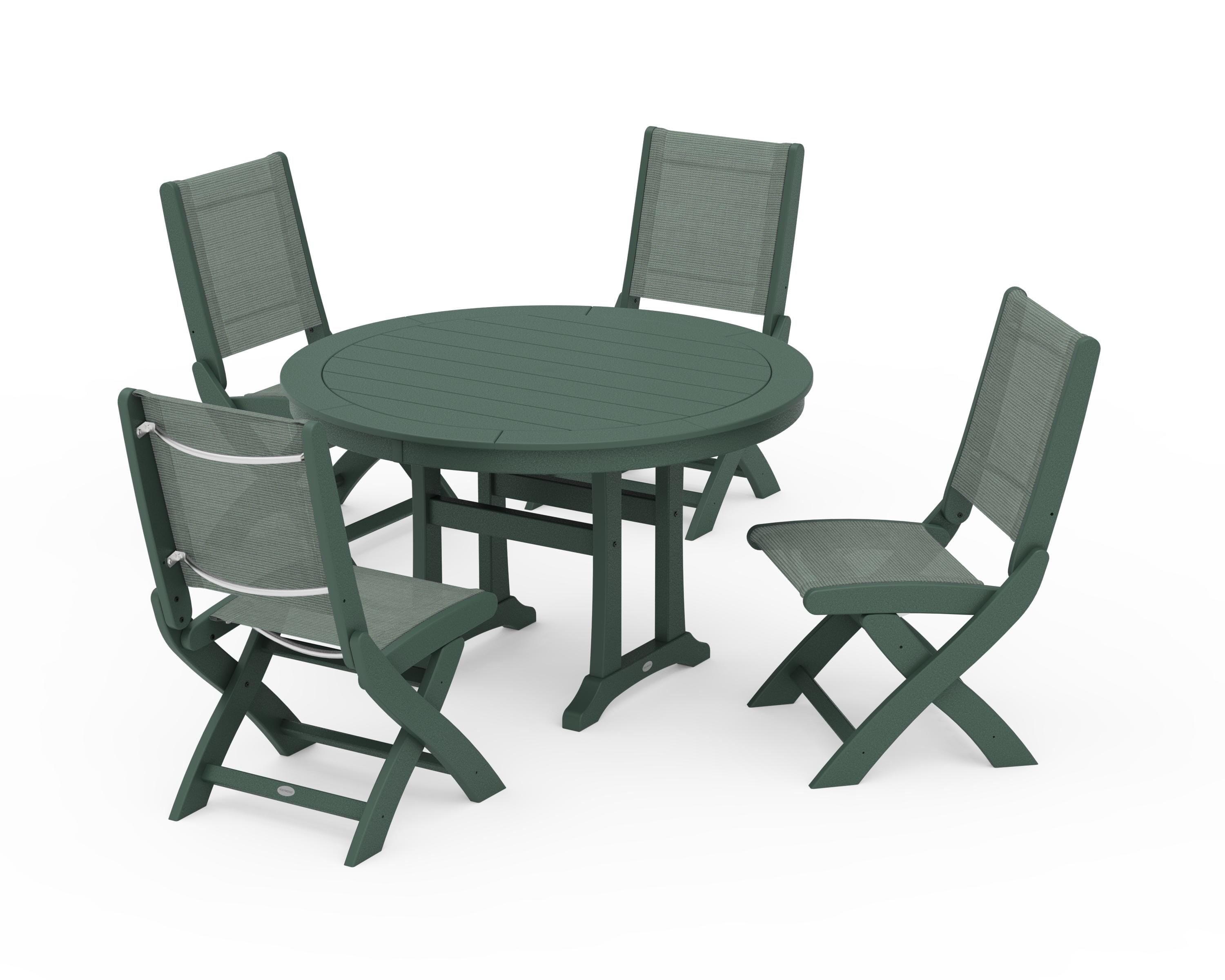 POLYWOOD® Coastal Folding Side Chair 5-Piece Round Dining Set With Trestle Legs in Green / Dupioni Sea Mist Sling